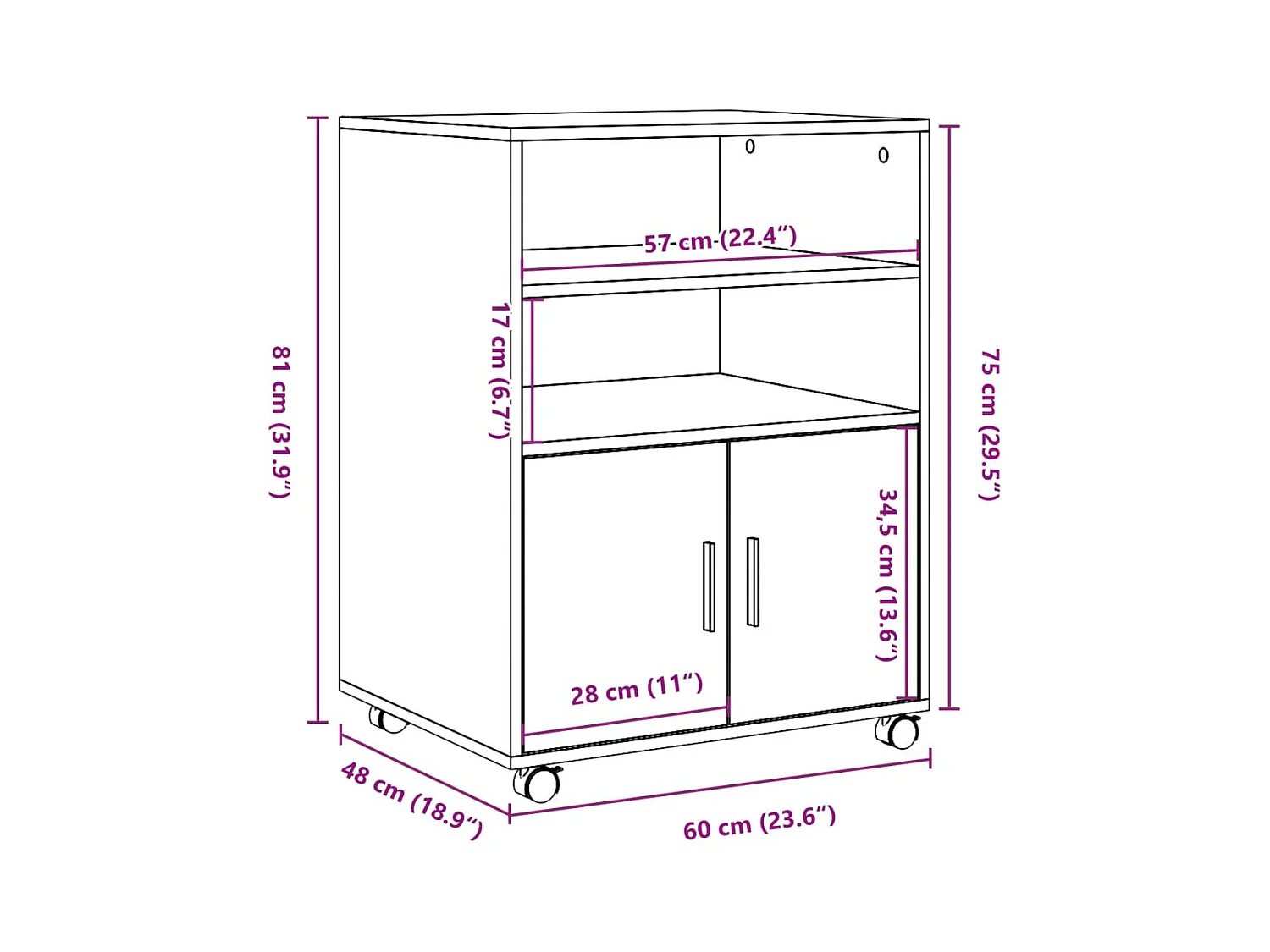 Betongrijze rolkast 60x48x81 cm bewerkt hout