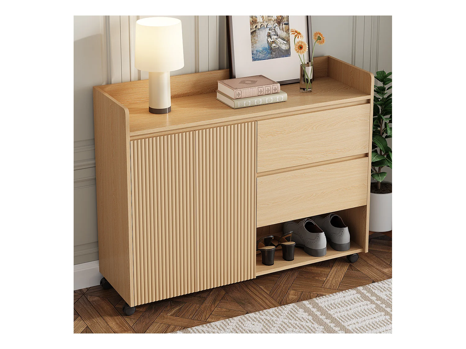 Mobiele schoenenkast - 110 x 35 x 86 cm - met 2 laden + 1 deur - MDF - naturel