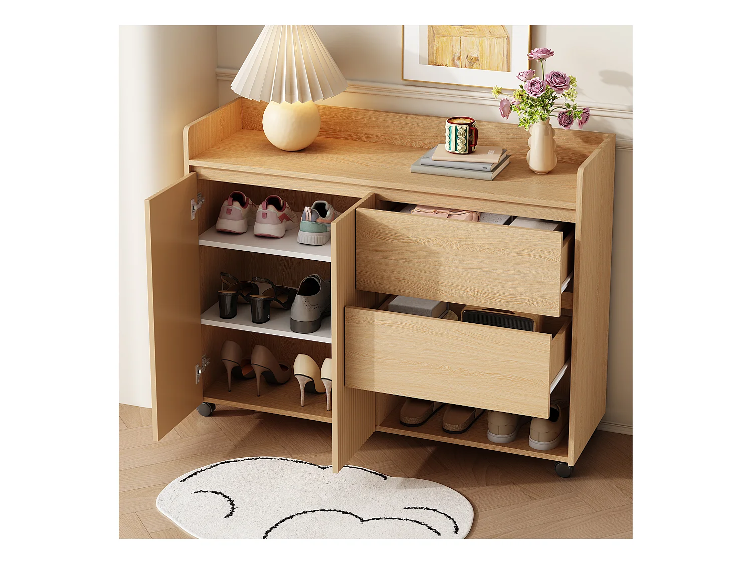 Mobiele schoenenkast - 110 x 35 x 86 cm - met 2 laden + 1 deur - MDF - naturel