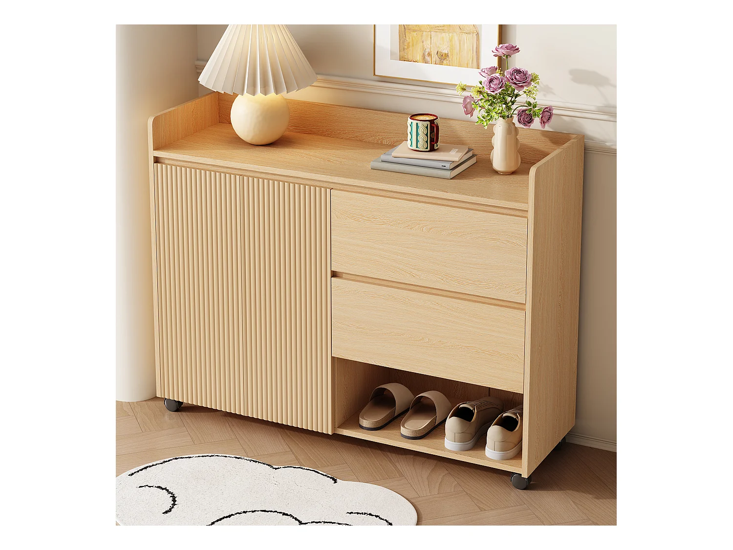 Mobiele schoenenkast - 110 x 35 x 86 cm - met 2 laden + 1 deur - MDF - naturel