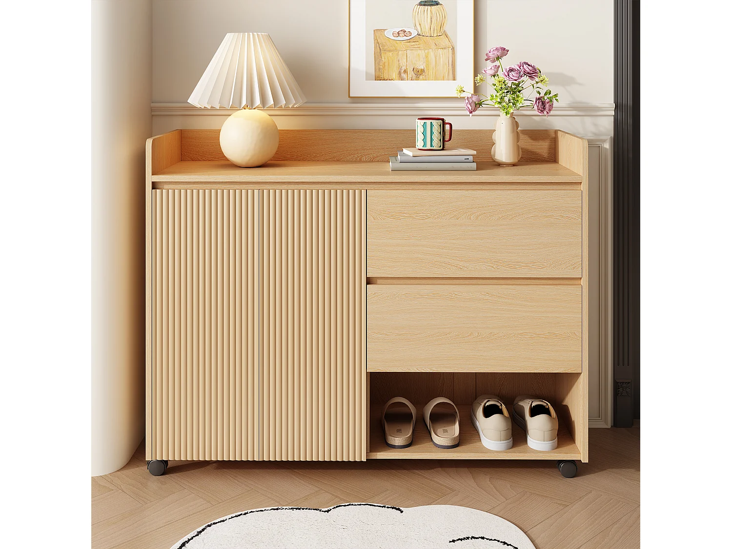 Scarpiera mobile - 110 x 35 x 86 cm - con 2 cassetti + 1 anta - MDF - naturale