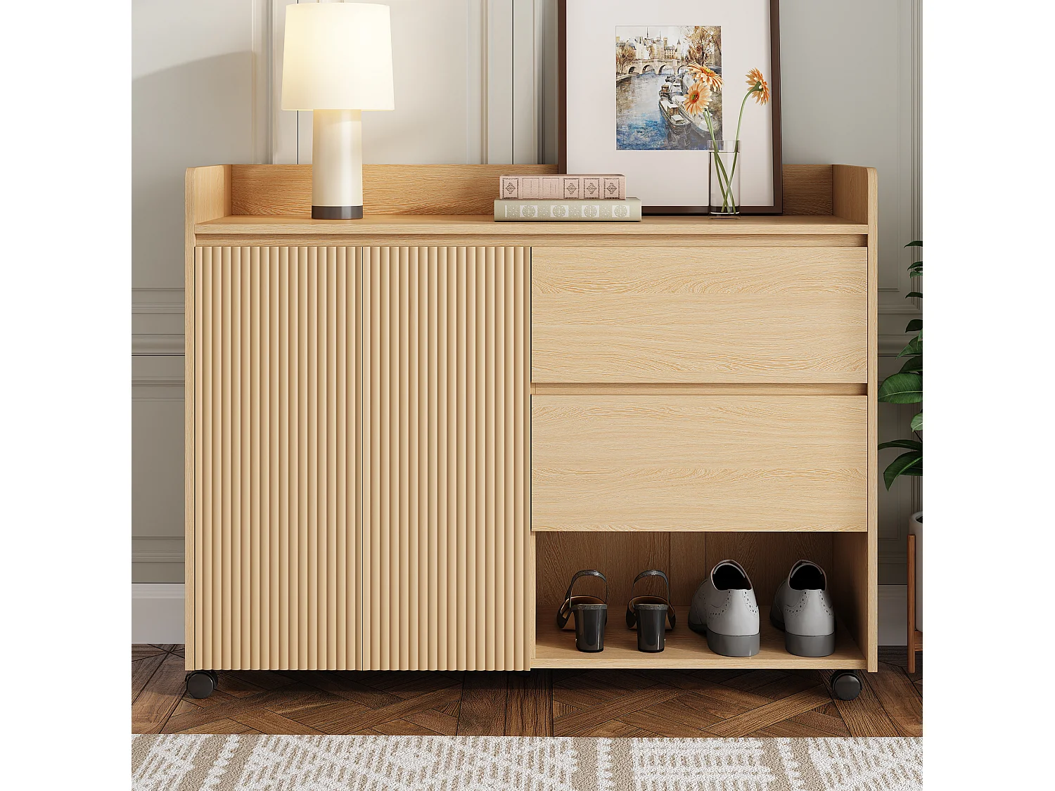 Scarpiera mobile - 110 x 35 x 86 cm - con 2 cassetti + 1 anta - MDF - naturale