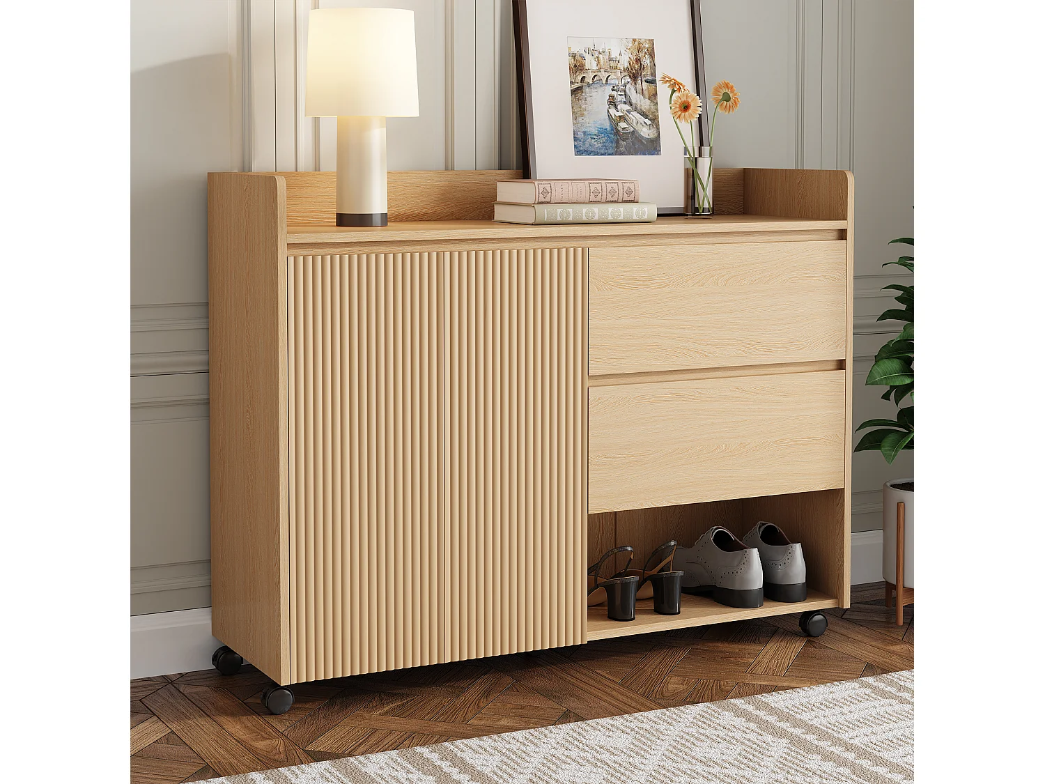 Scarpiera mobile - 110 x 35 x 86 cm - con 2 cassetti + 1 anta - MDF - naturale