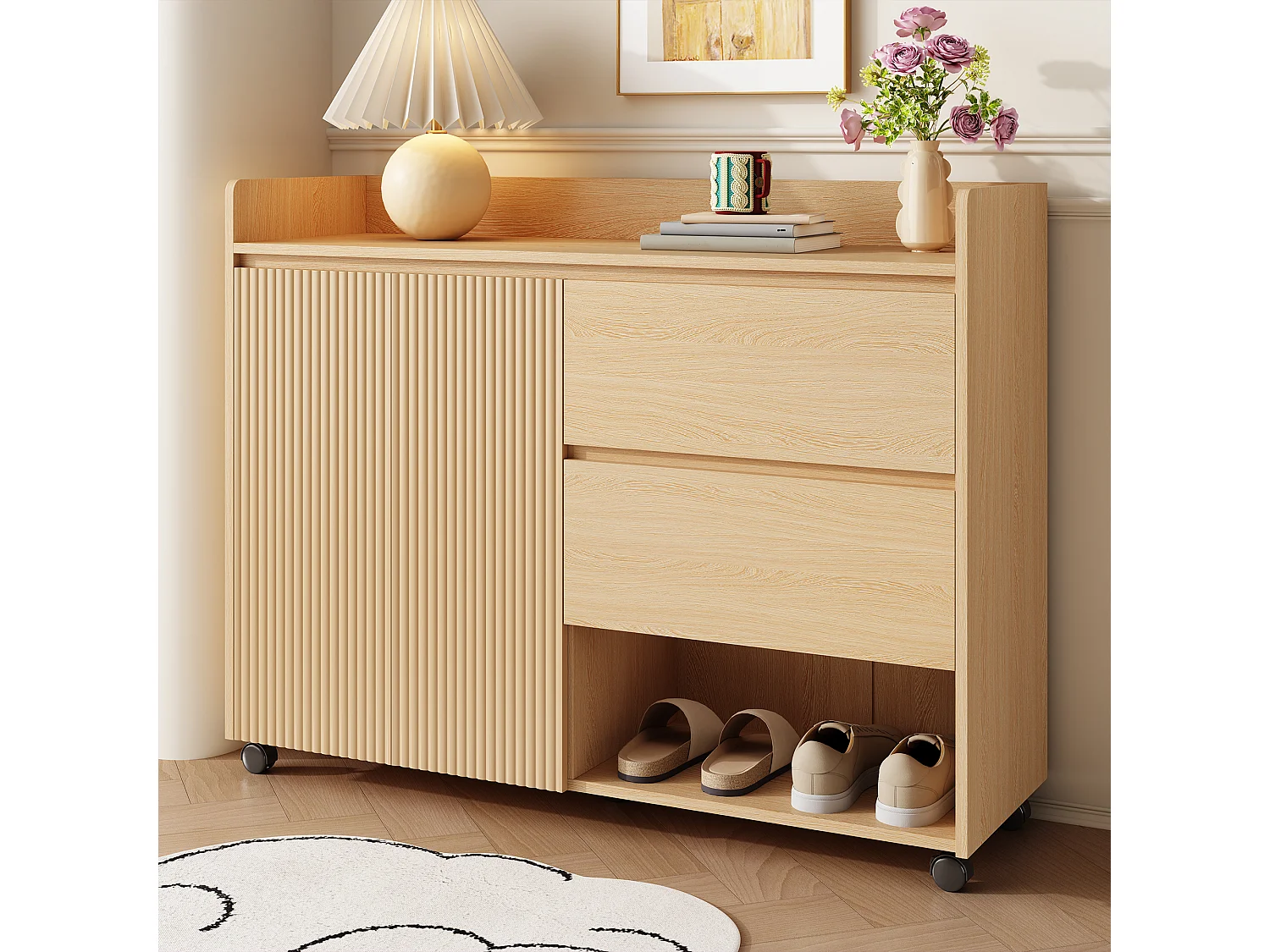 Scarpiera mobile - 110 x 35 x 86 cm - con 2 cassetti + 1 anta - MDF - naturale