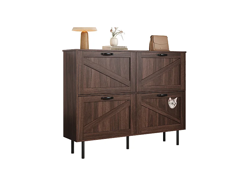 Meuble à chaussures étroit avec 3 portes, espace pour jouets pour animaux, étagères ajustables, MDF, couleur noyer naturel (120x28x92 cm)