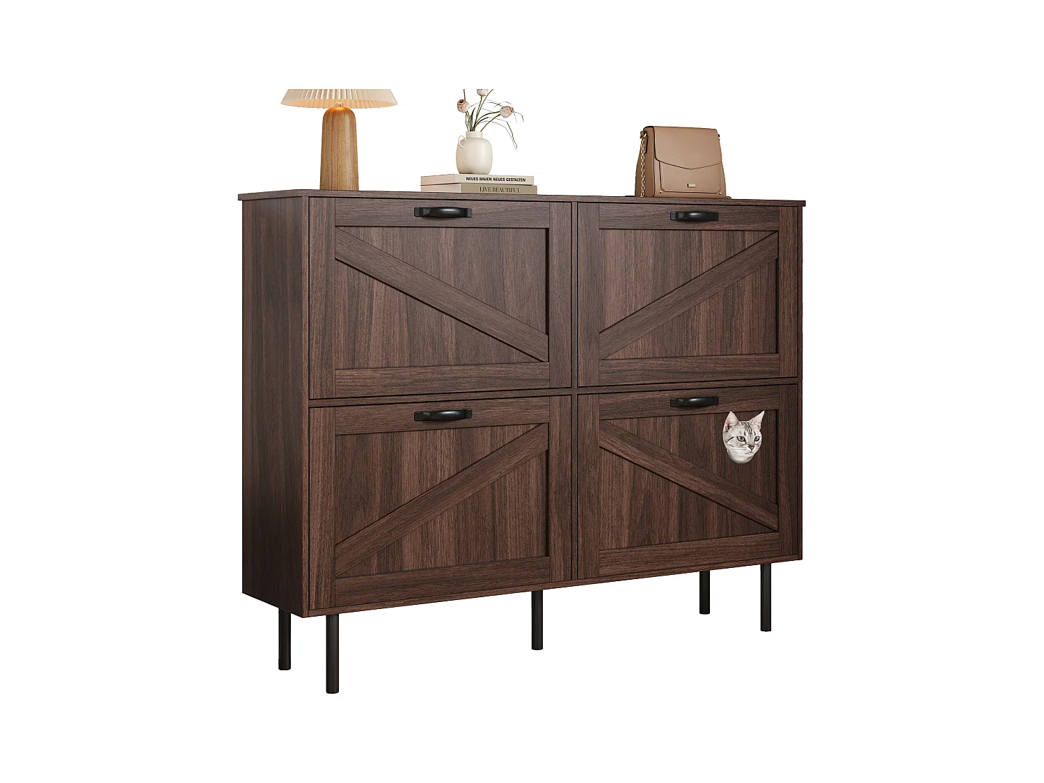 Meuble à chaussures étroit avec 3 portes, espace pour jouets pour animaux, étagères ajustables, MDF, couleur noyer naturel (120x28x92 cm)