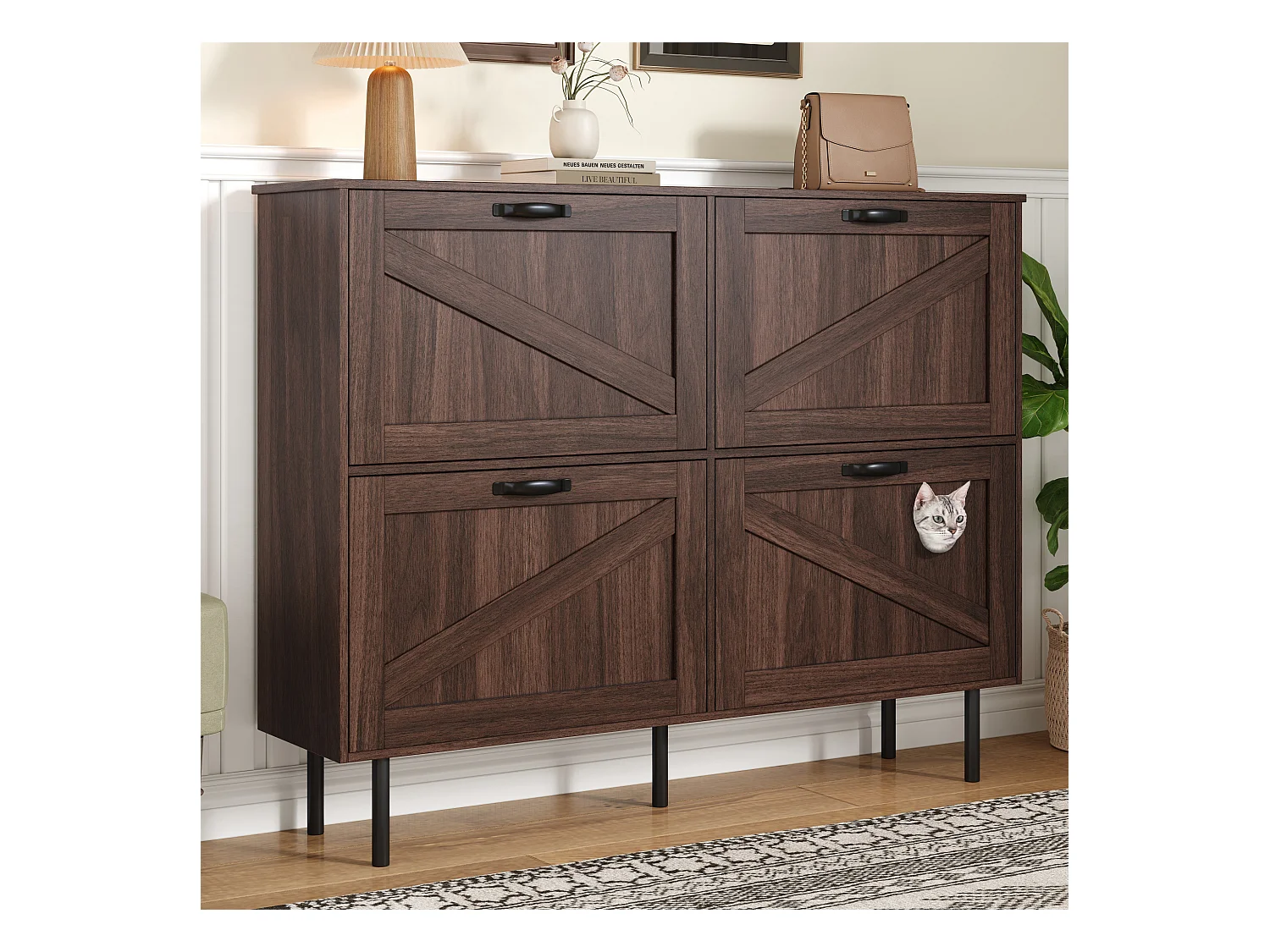 Meuble à chaussures étroit avec 3 portes, espace pour jouets pour animaux, étagères ajustables, MDF, couleur noyer naturel (120x28x92 cm)