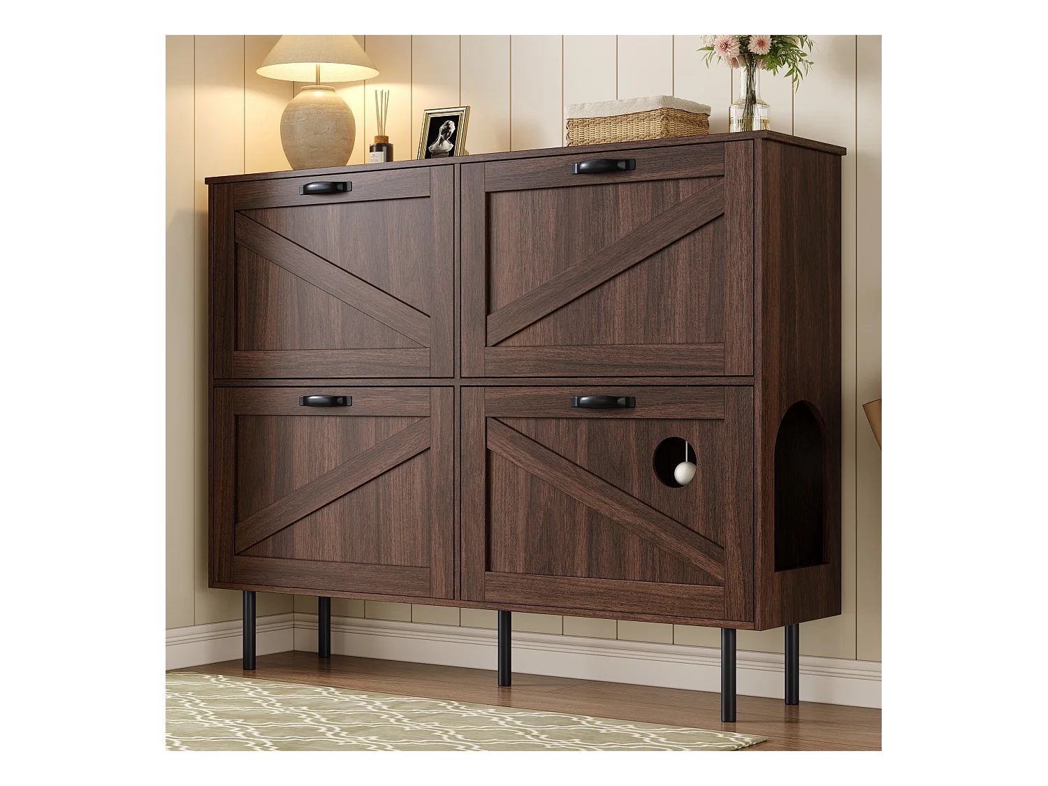 Meuble à chaussures étroit avec 3 portes, espace pour jouets pour animaux, étagères ajustables, MDF, couleur noyer naturel (120x28x92 cm)