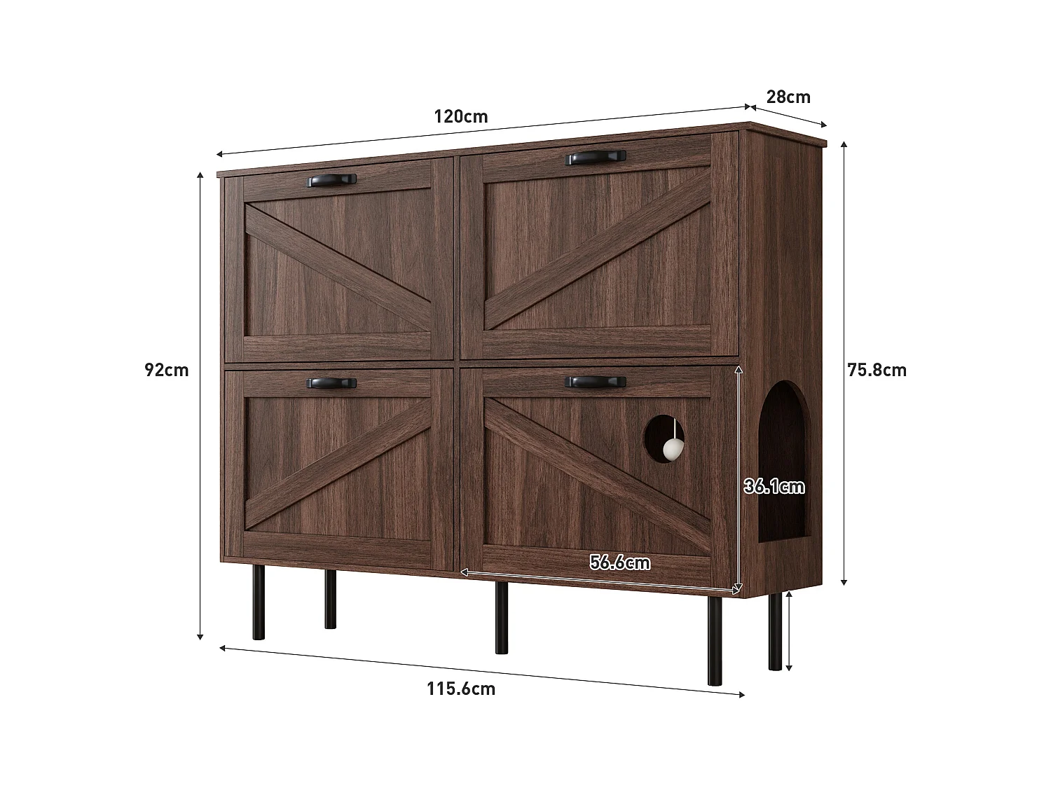 Meuble à chaussures étroit avec 3 portes, espace pour jouets pour animaux, étagères ajustables, MDF, couleur noyer naturel (120x28x92 cm)