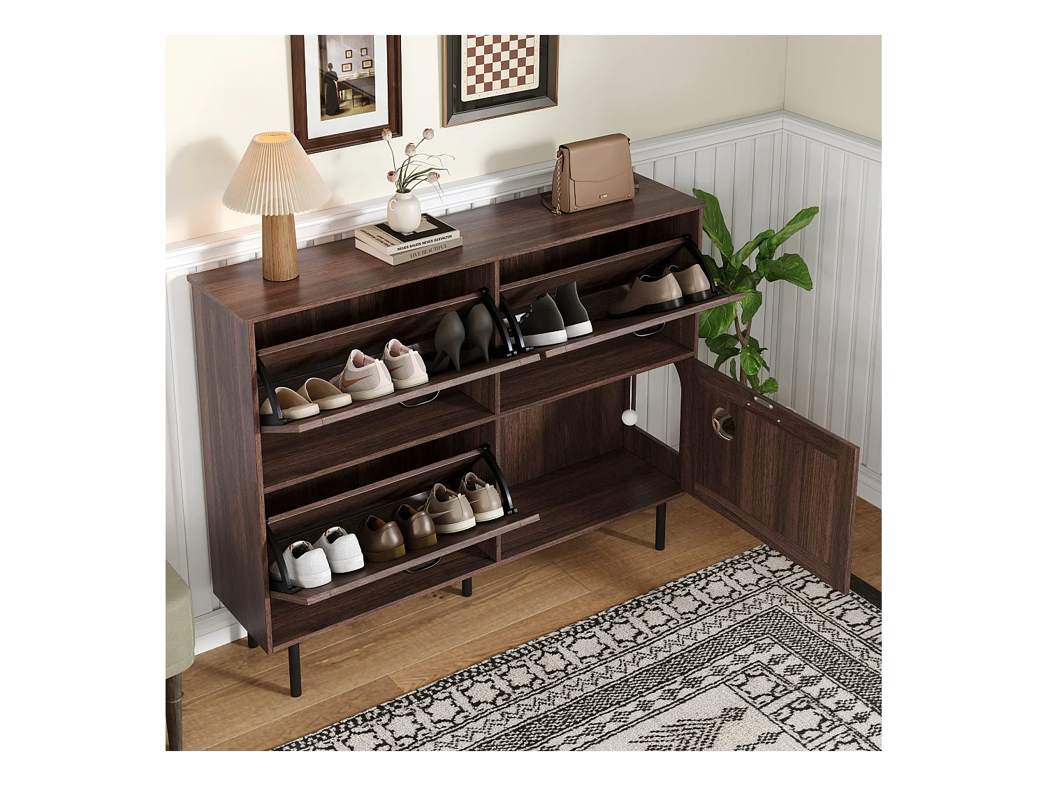 Meuble à chaussures étroit avec 3 portes, espace pour jouets pour animaux, étagères ajustables, MDF, couleur noyer naturel (120x28x92 cm)