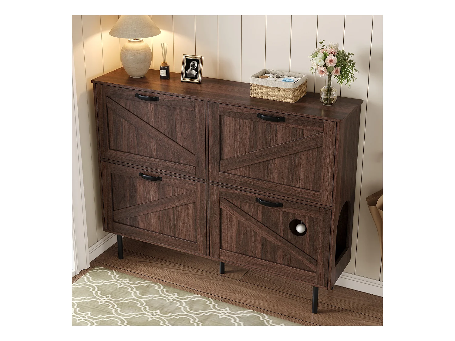 Meuble à chaussures étroit avec 3 portes, espace pour jouets pour animaux, étagères ajustables, MDF, couleur noyer naturel (120x28x92 cm)