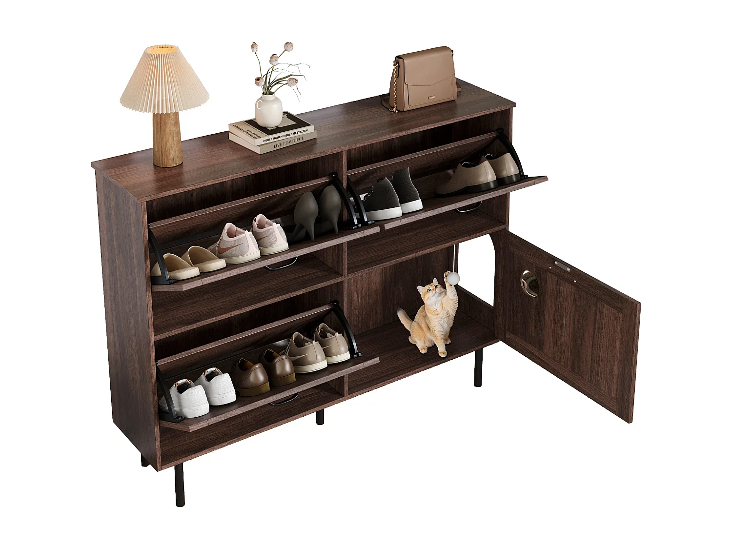 Meuble à chaussures étroit avec 3 portes, espace pour jouets pour animaux, étagères ajustables, MDF, couleur noyer naturel (120x28x92 cm)