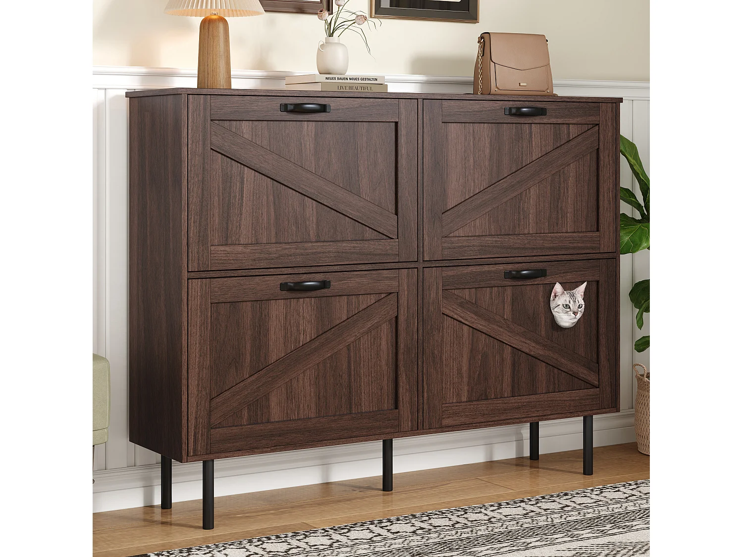 Meuble à chaussures étroit avec 3 portes, espace pour jouets pour animaux, étagères ajustables, MDF, couleur noyer naturel (120x28x92 cm)