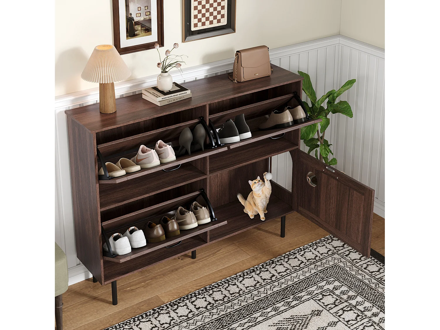 Meuble à chaussures étroit avec 3 portes, espace pour jouets pour animaux, étagères ajustables, MDF, couleur noyer naturel (120x28x92 cm)