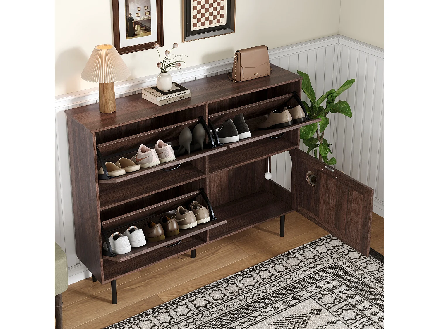 Meuble à chaussures étroit avec 3 portes, espace pour jouets pour animaux, étagères ajustables, MDF, couleur noyer naturel (120x28x92 cm)