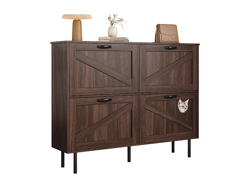 Meuble à chaussures étroit avec 3 portes, espace pour jouets pour animaux, étagères ajustables, MDF, couleur noyer naturel (120x28x92 cm)