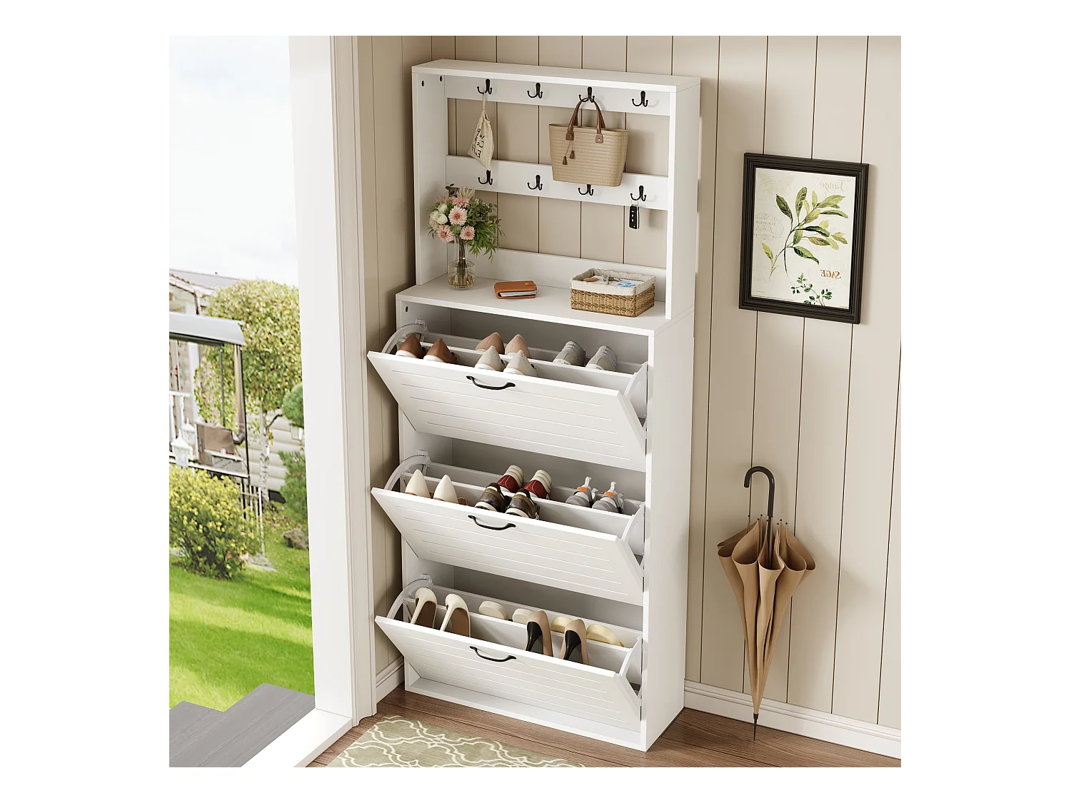 Schoenenkast met 3 deuren, planken, haken voor tassen en hoeden, gemaakt van spaanplaat, wit (70x25x163 cm)