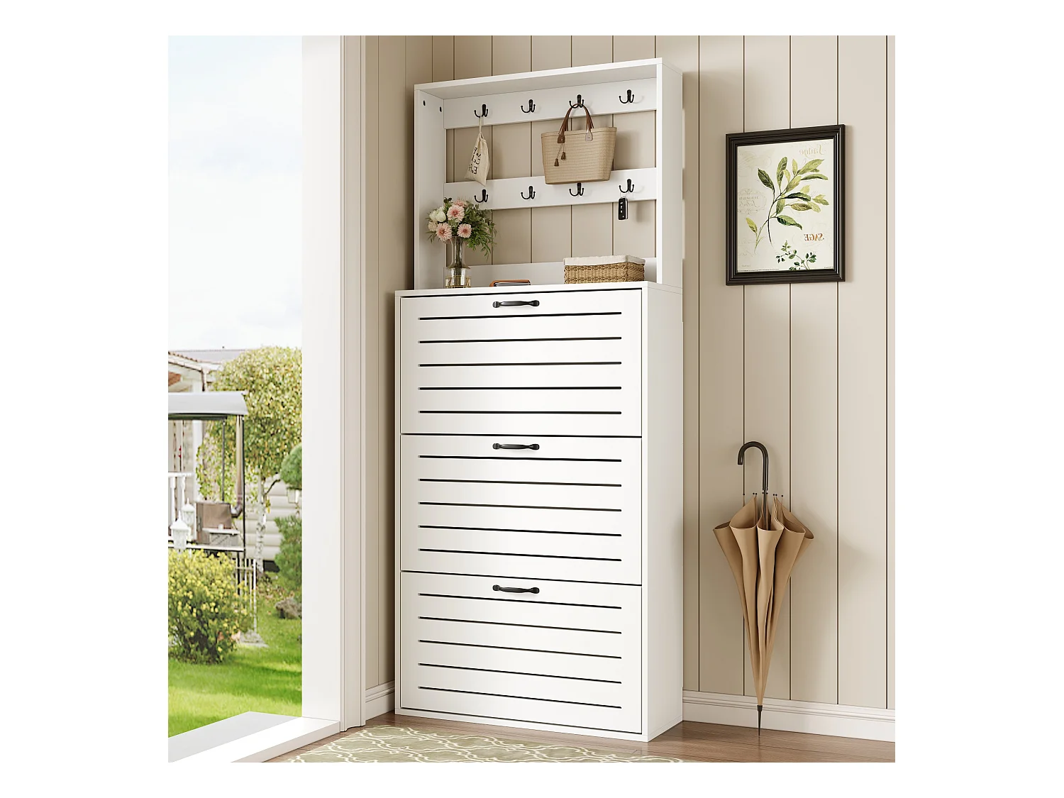 Schoenenkast met 3 deuren, planken, haken voor tassen en hoeden, gemaakt van spaanplaat, wit (70x25x163 cm)