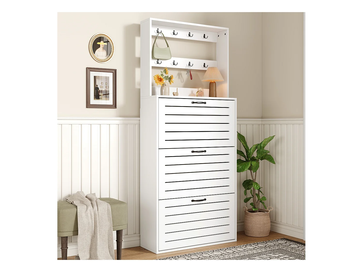 Schoenenkast met 3 deuren, planken, haken voor tassen en hoeden, gemaakt van spaanplaat, wit (70x25x163 cm)