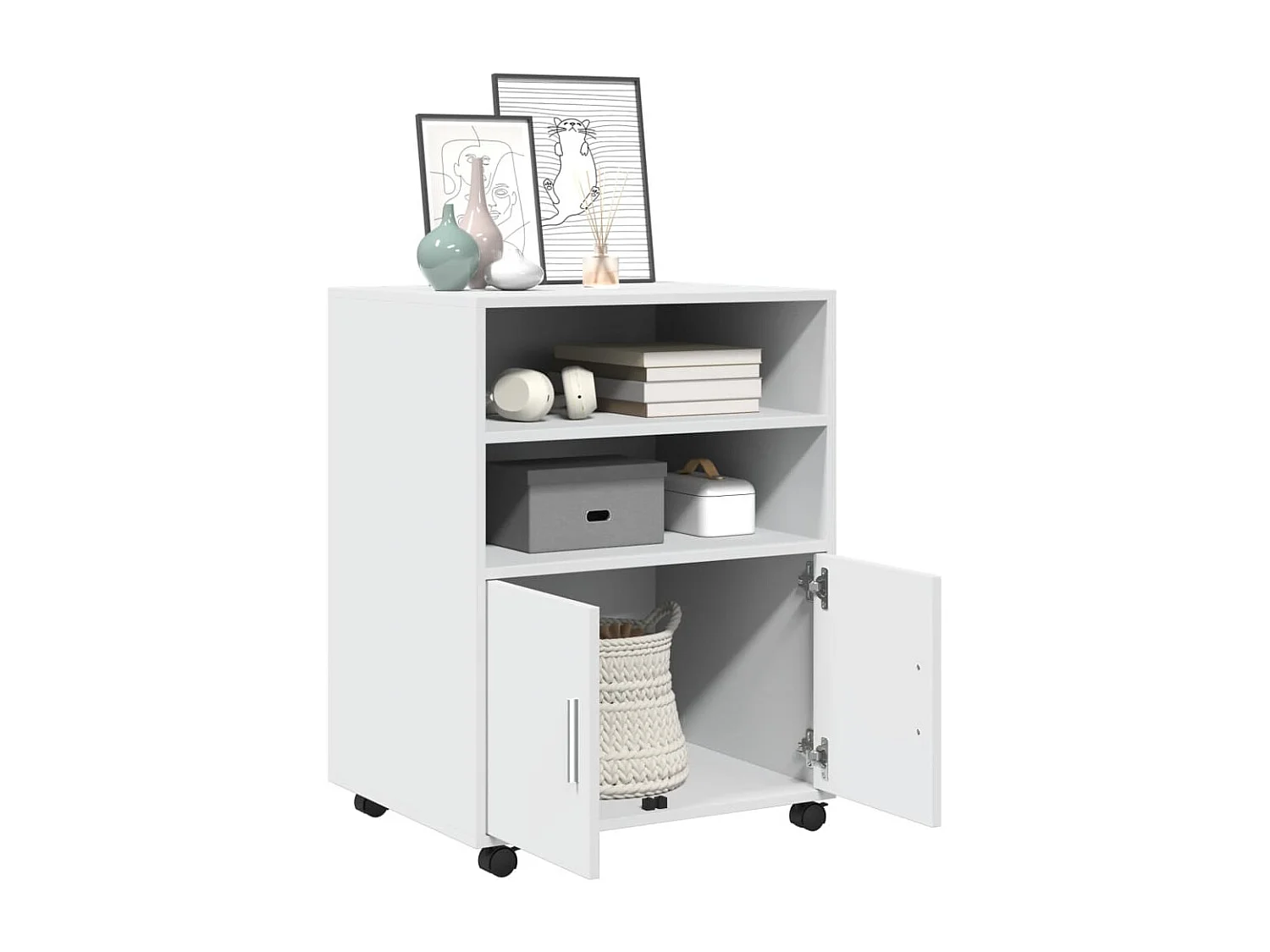 Mobiletto bianco con ruote 60x48x81 cm in legno ingegnerizzato