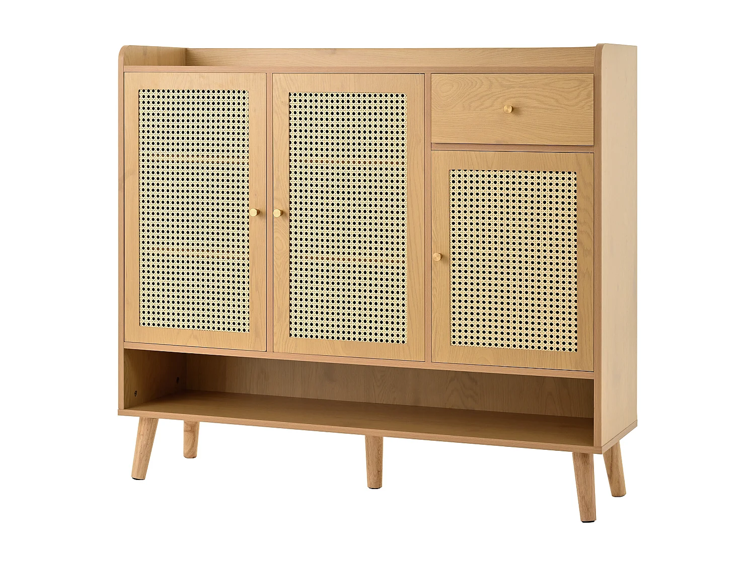 Schoenenkast van natuurlijk rotan met 3 deuren, 1 lade en 5 planken, met metalen handgrepen en poten van massief hout (120x35x106 cm)