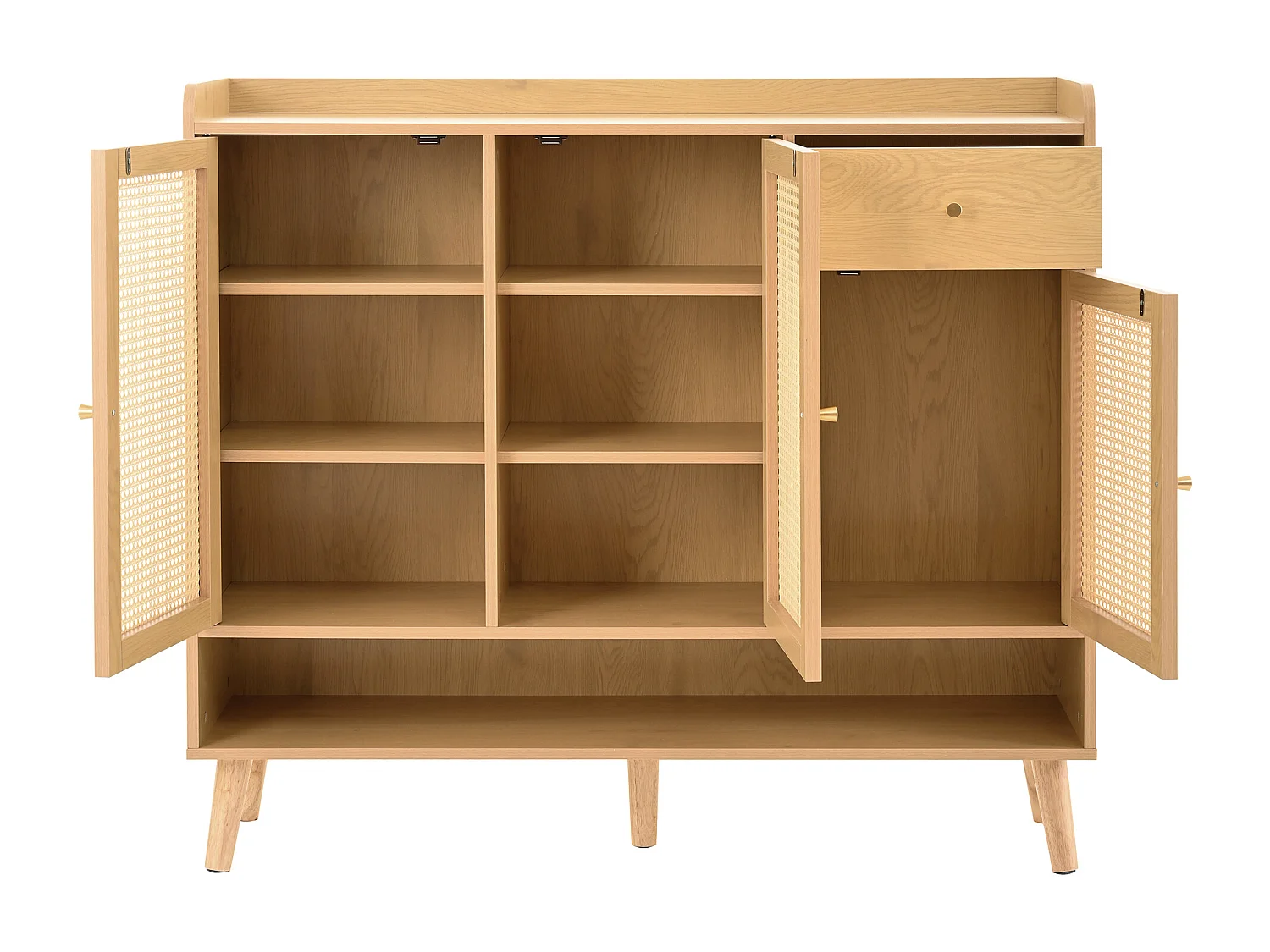 Schoenenkast van natuurlijk rotan met 3 deuren, 1 lade en 5 planken, met metalen handgrepen en poten van massief hout (120x35x106 cm)