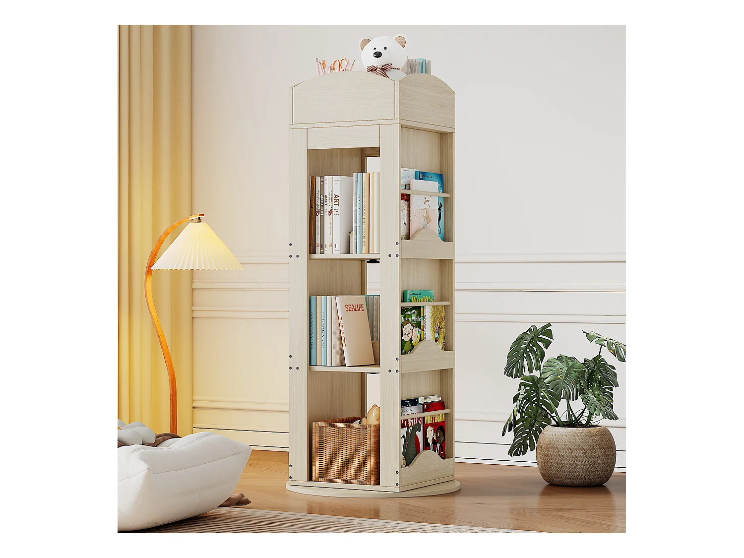 Bibliothèque rotative - 63 x 63 x 142 cm - étagère de rangement pour enfants et adultes - MDF - naturel