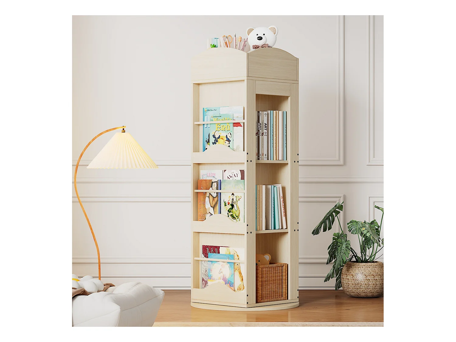 Bibliothèque rotative - 63 x 63 x 142 cm - étagère de rangement pour enfants et adultes - MDF - naturel