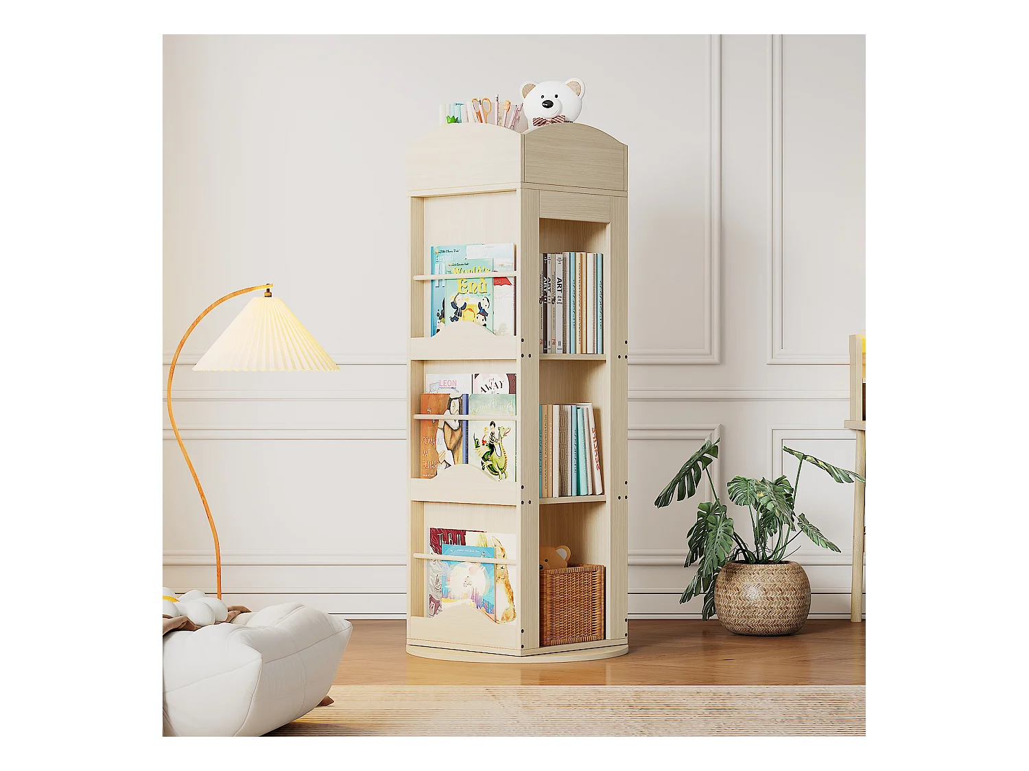 Bibliothèque rotative - 63 x 63 x 142 cm - étagère de rangement pour enfants et adultes - MDF - naturel