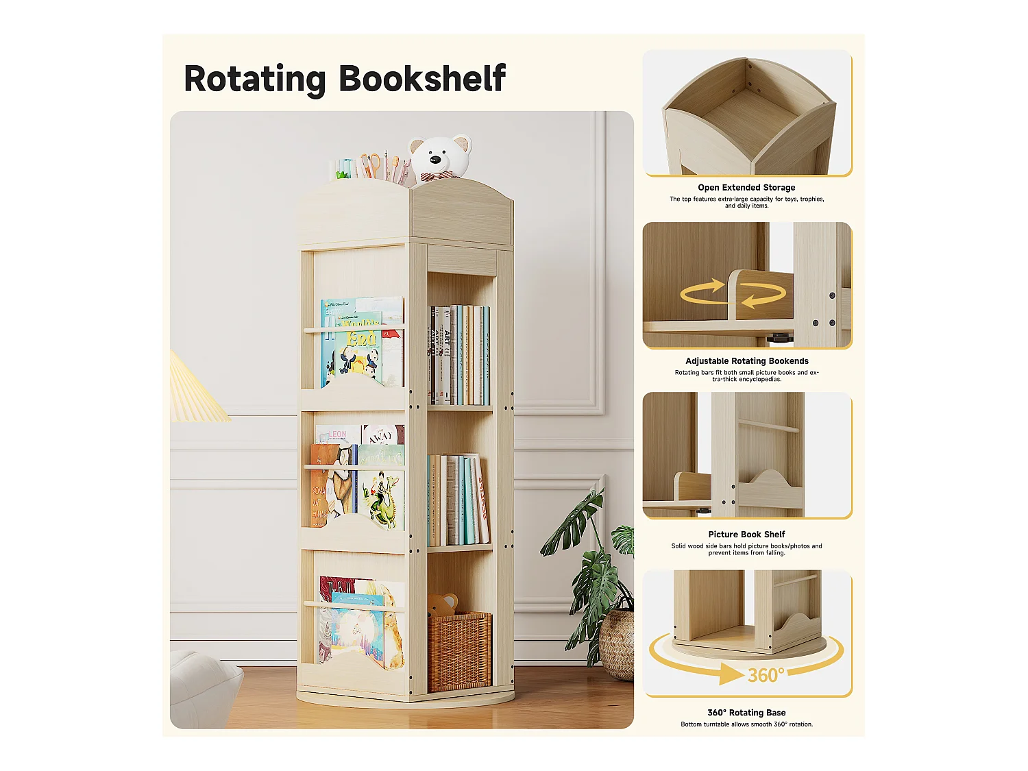 Drehbares Bücherregal – 63 x 63 x 142 cm – Aufbewahrungsregal für Kinder und Erwachsene – MDF – Natur