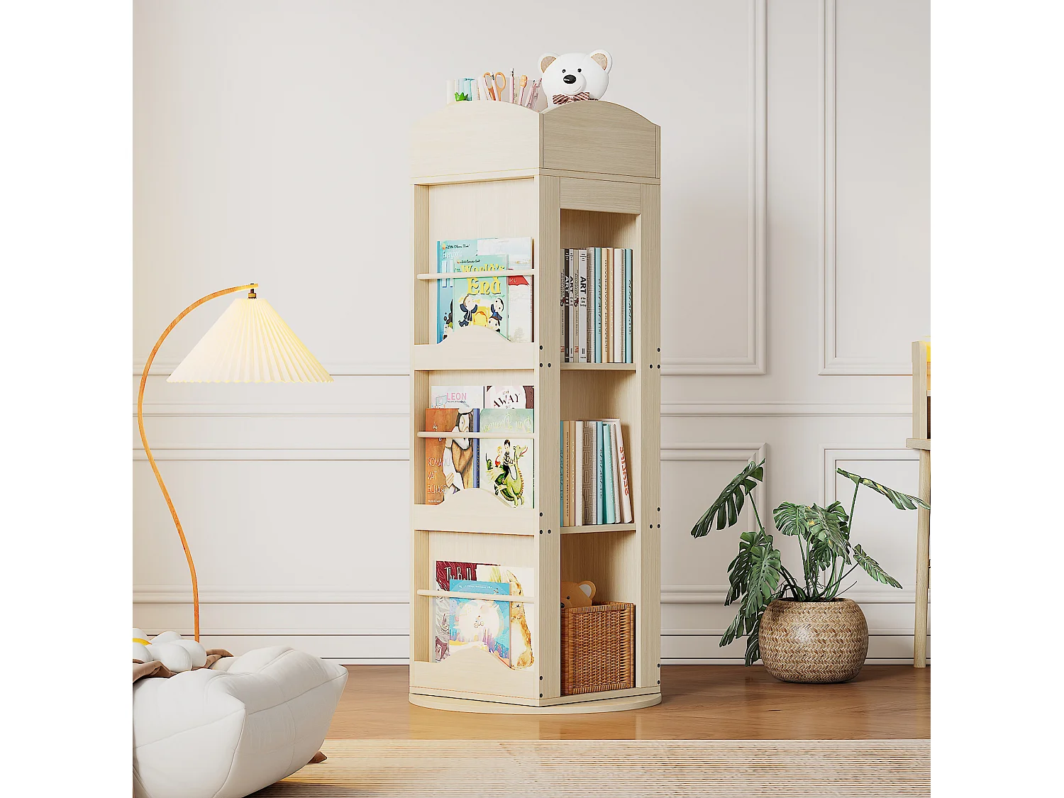 Bibliothèque rotative - 63 x 63 x 142 cm - étagère de rangement pour enfants et adultes - MDF - naturel