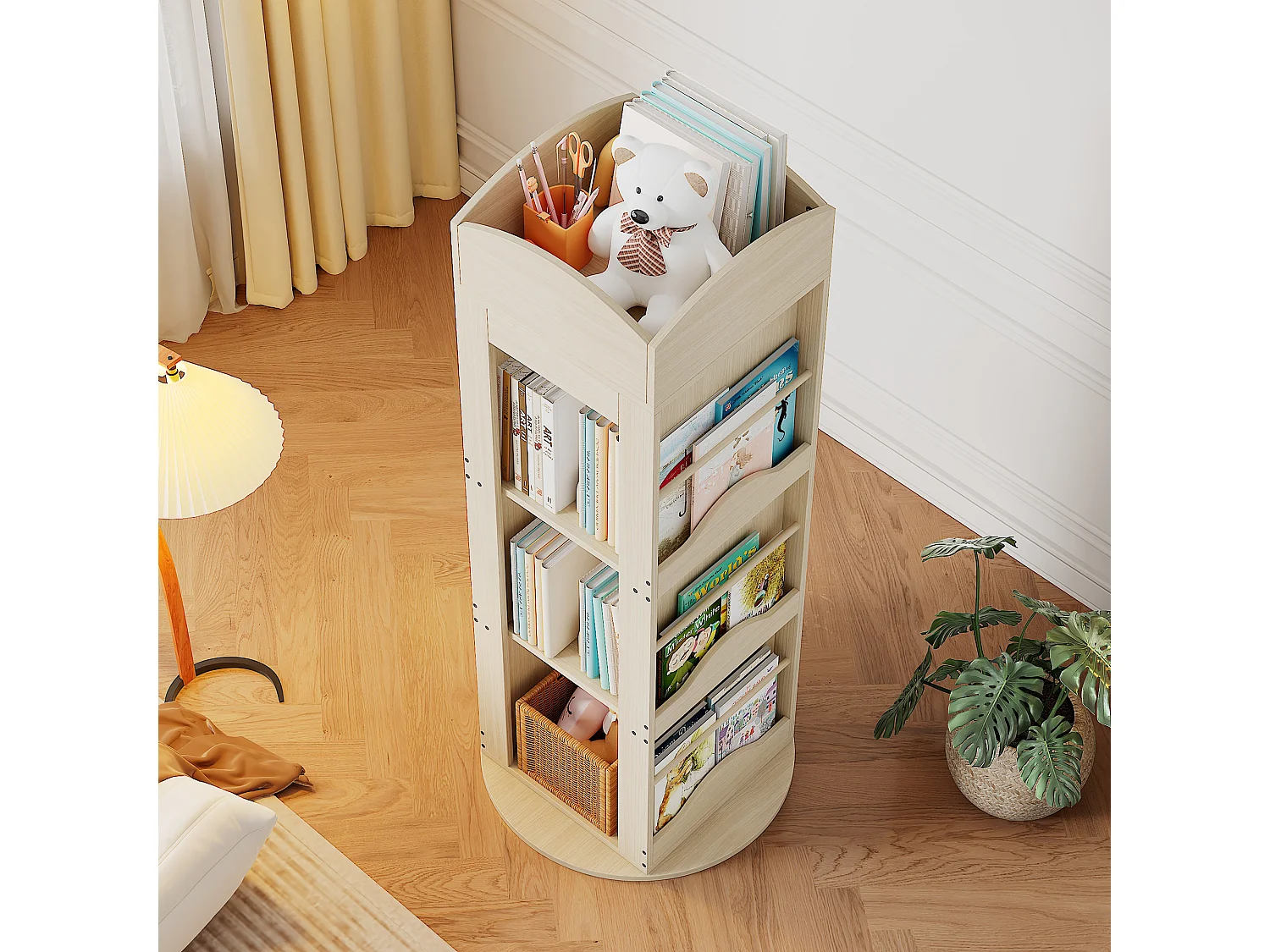 Bibliothèque rotative - 63 x 63 x 142 cm - étagère de rangement pour enfants et adultes - MDF - naturel