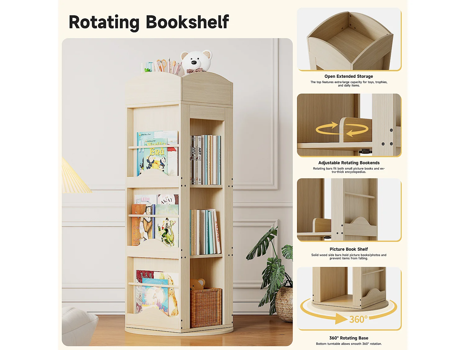 Bibliothèque rotative - 63 x 63 x 142 cm - étagère de rangement pour enfants et adultes - MDF - naturel
