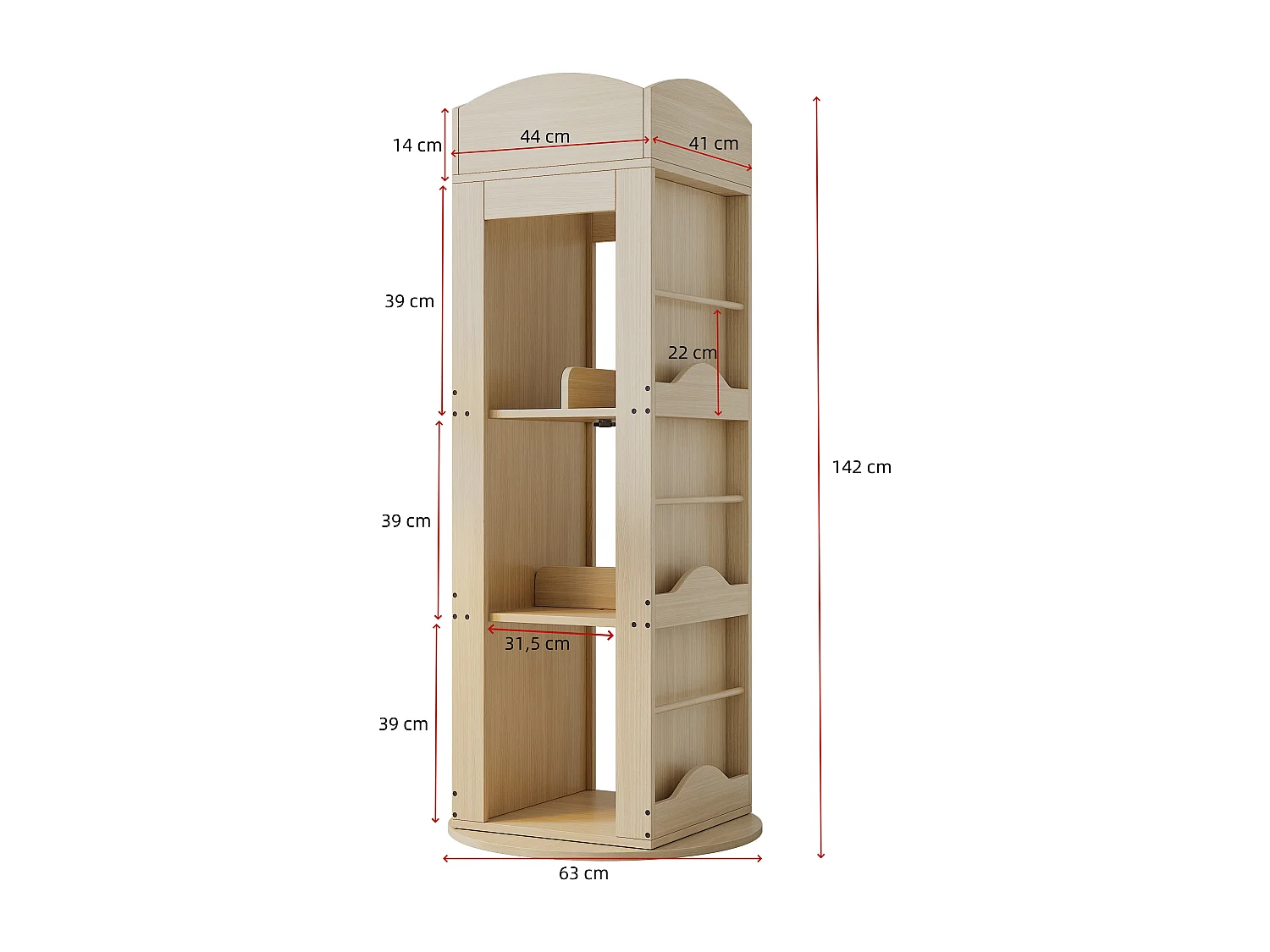 Bibliothèque rotative - 63 x 63 x 142 cm - étagère de rangement pour enfants et adultes - MDF - naturel