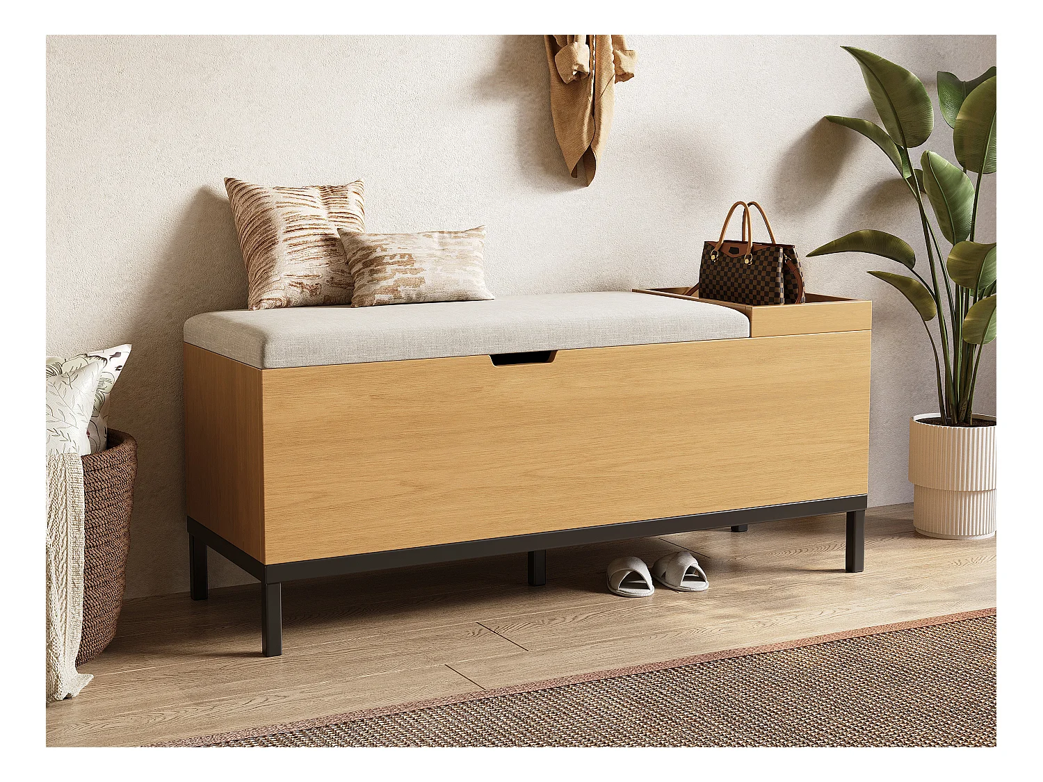 Banc à chaussures - 115 x 40 x 49.5 cm - meuble d'assise - coffre de rangement - MDF - naturel