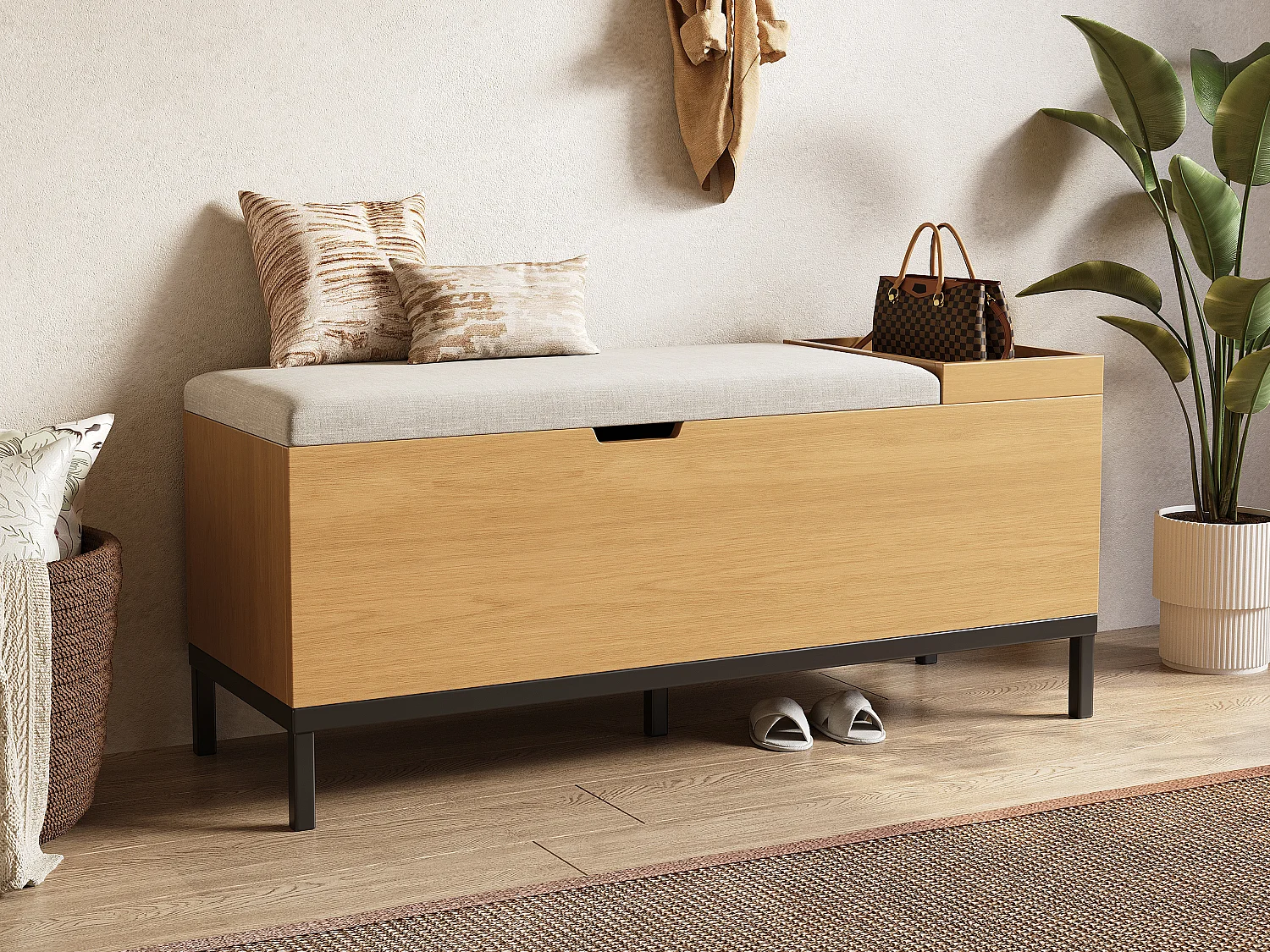 Banc à chaussures - 115 x 40 x 49.5 cm - meuble d'assise - coffre de rangement - MDF - naturel