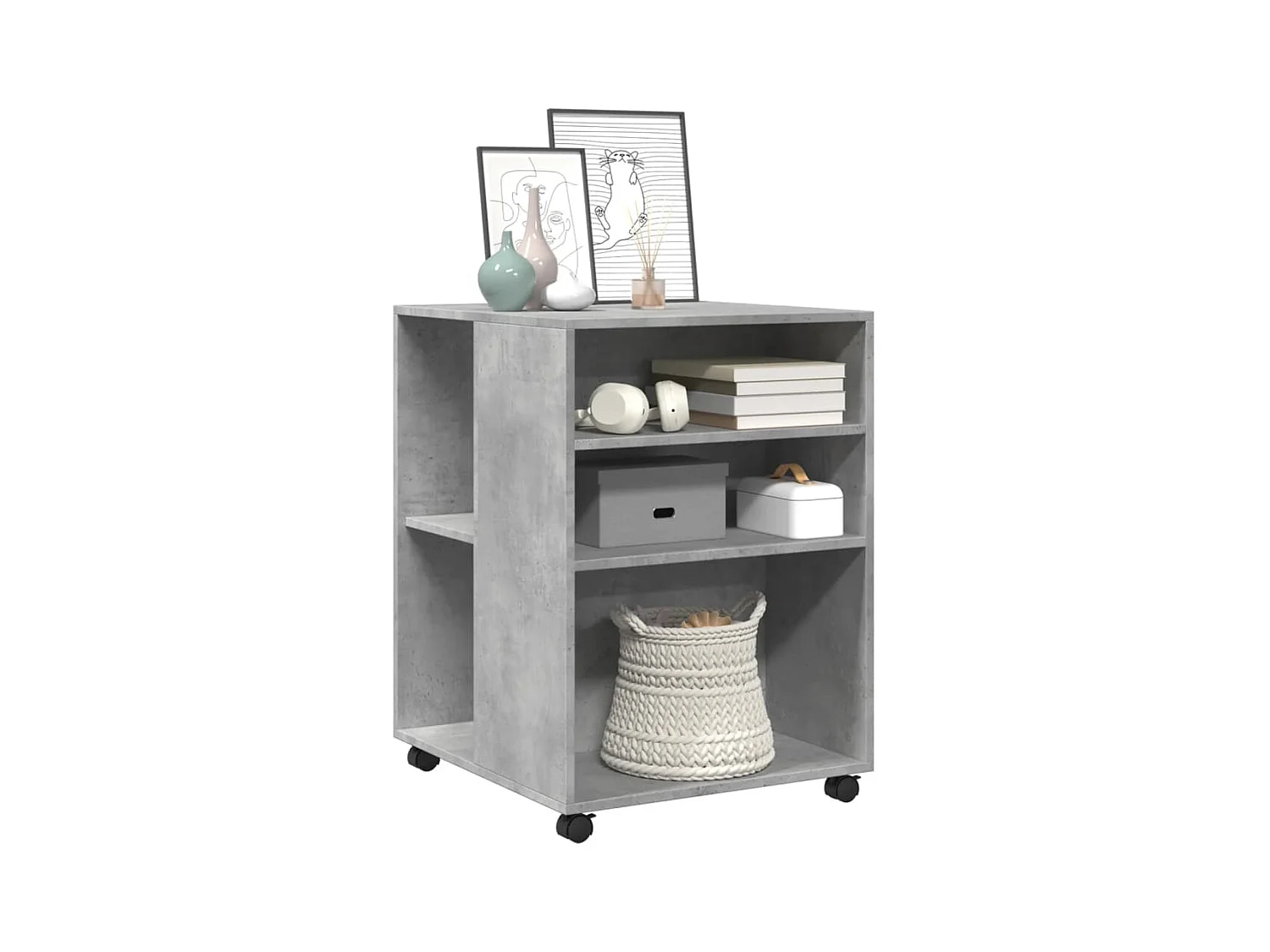 Betongrijze bewerkte houten bijzettafel met wielen