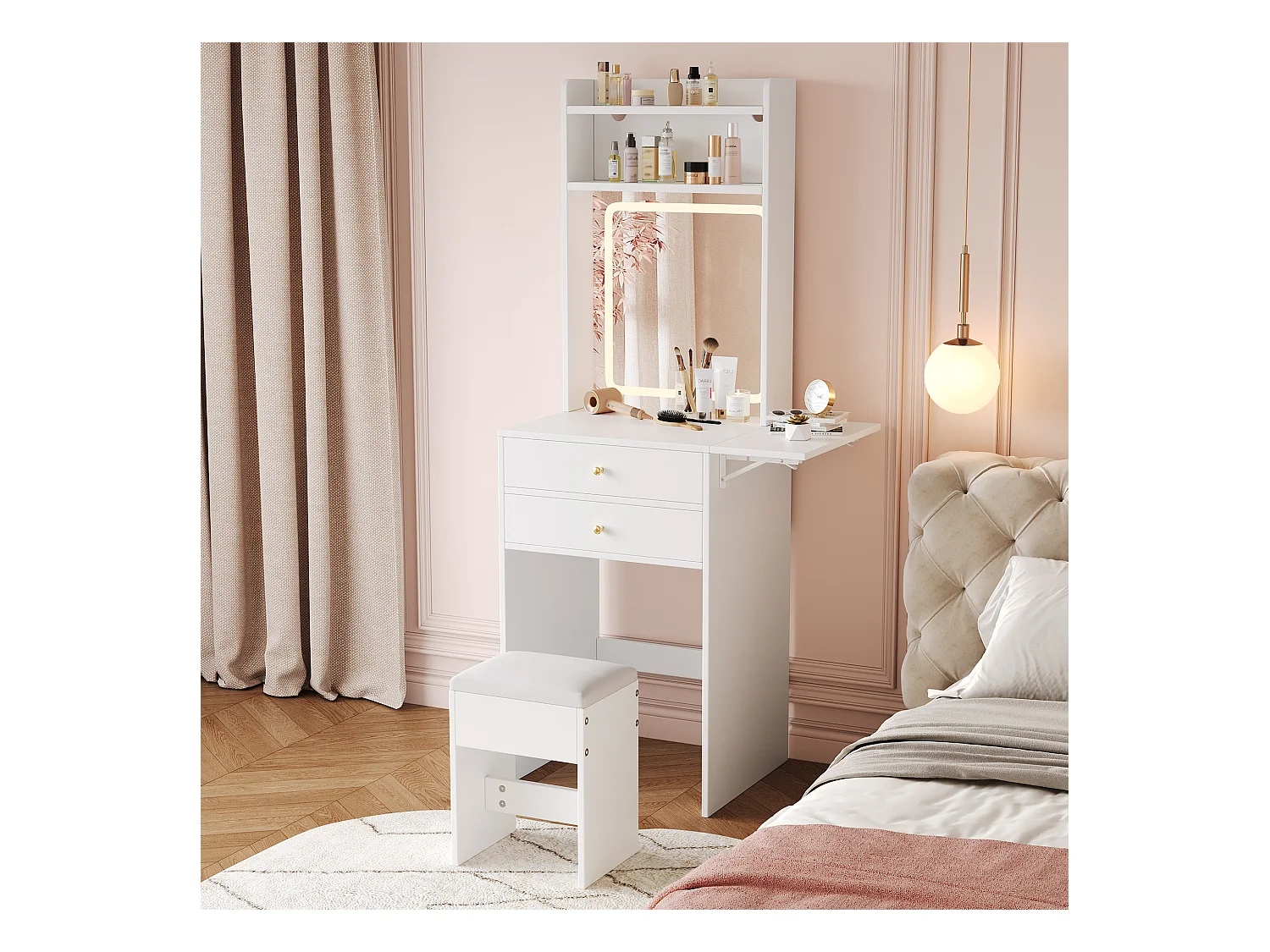 Toaletka z diodami LED - 75 x 45 x 156 cm - z 1 stołkiem + 2 szufladami + 1 lustrem - blat składany - MDF - biała