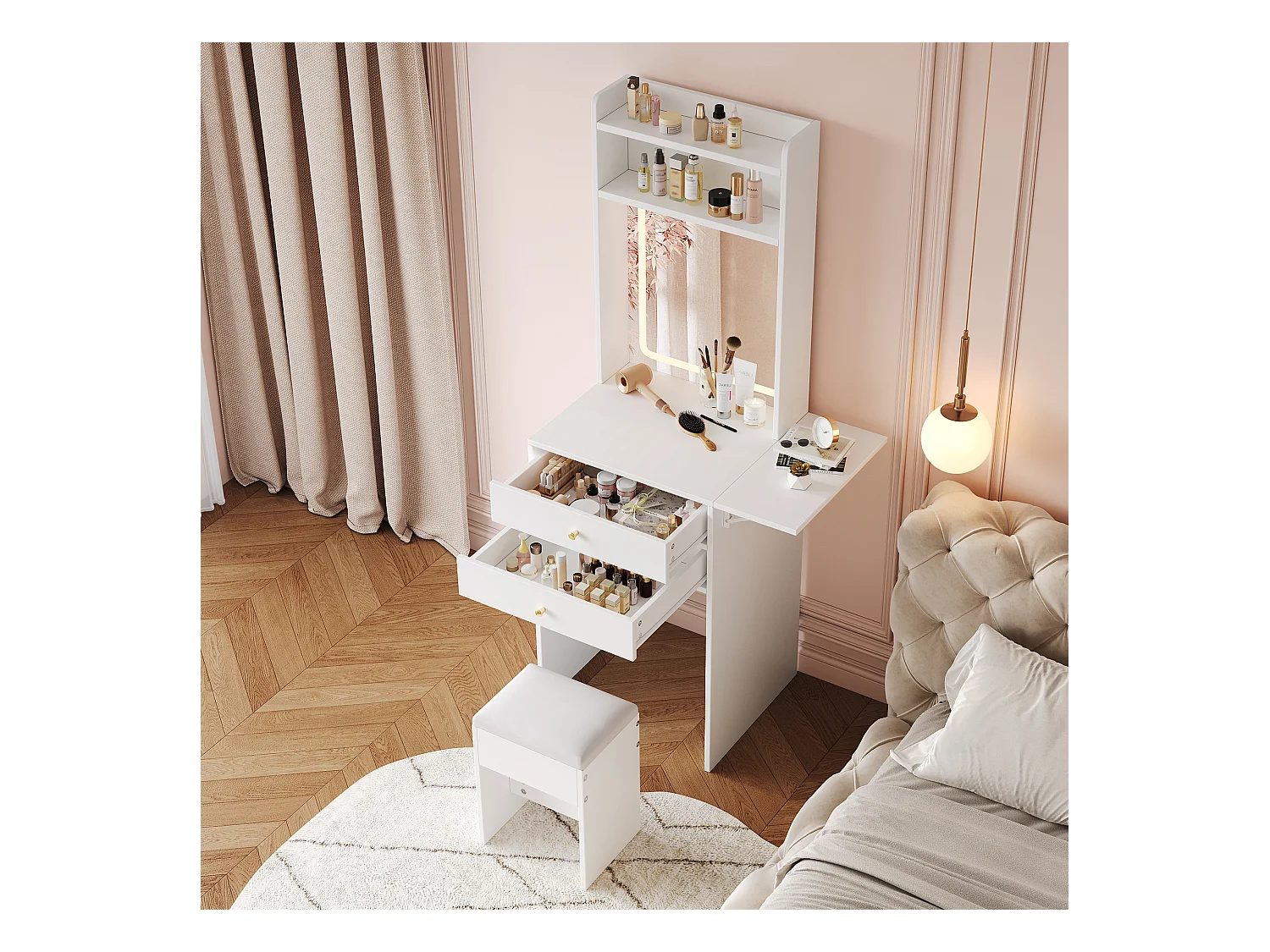 Toaletka z diodami LED - 75 x 45 x 156 cm - z 1 stołkiem + 2 szufladami + 1 lustrem - blat składany - MDF - biała