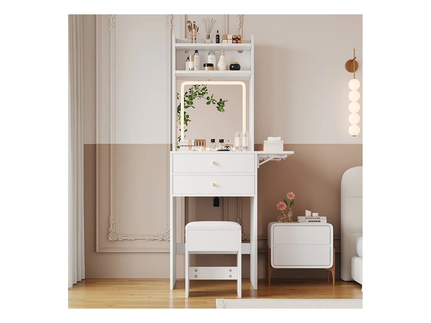 Toaletka z diodami LED - 75 x 45 x 156 cm - z 1 stołkiem + 2 szufladami + 1 lustrem - blat składany - MDF - biała