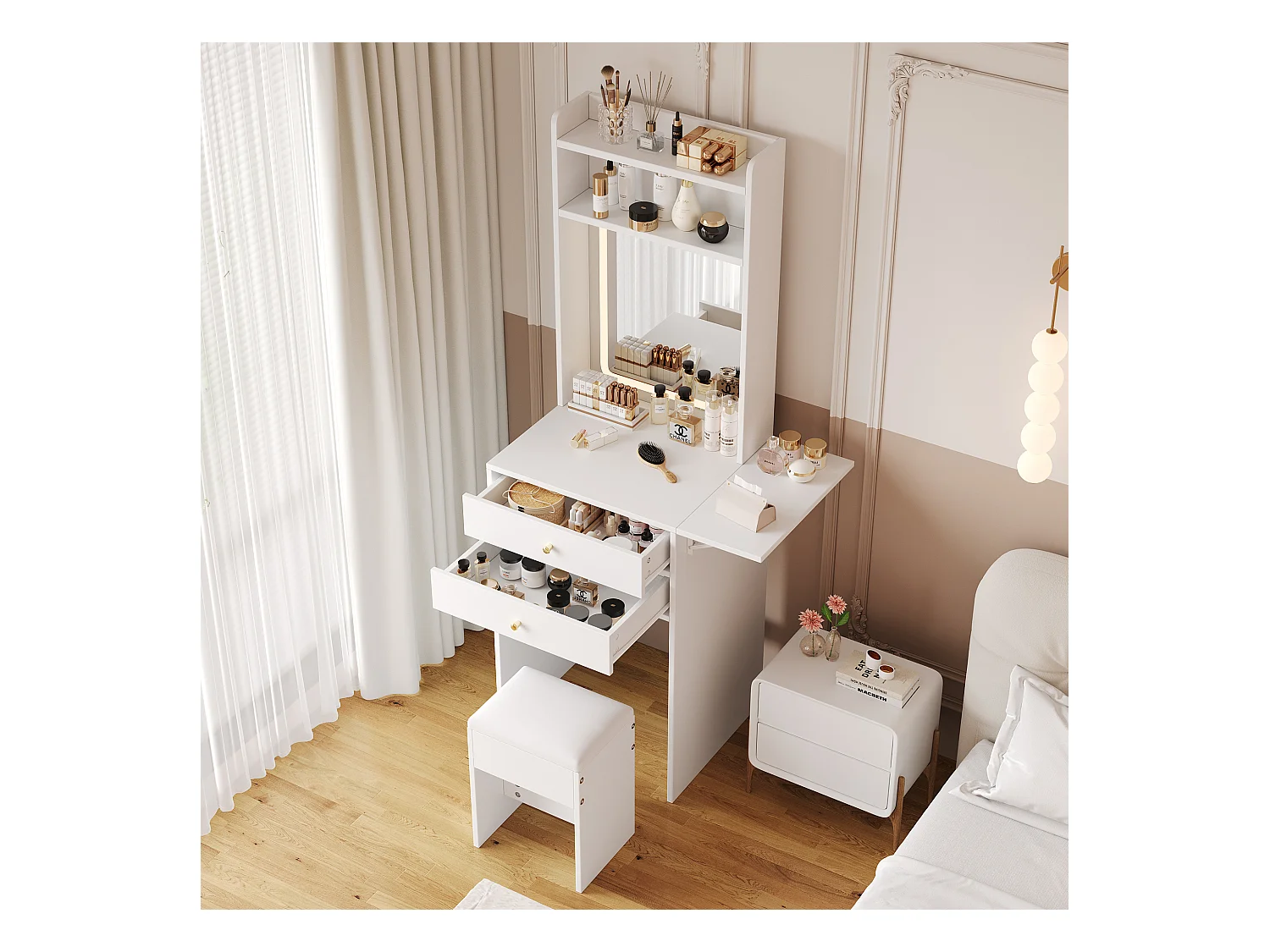 Toaletka z diodami LED - 75 x 45 x 156 cm - z 1 stołkiem + 2 szufladami + 1 lustrem - blat składany - MDF - biała