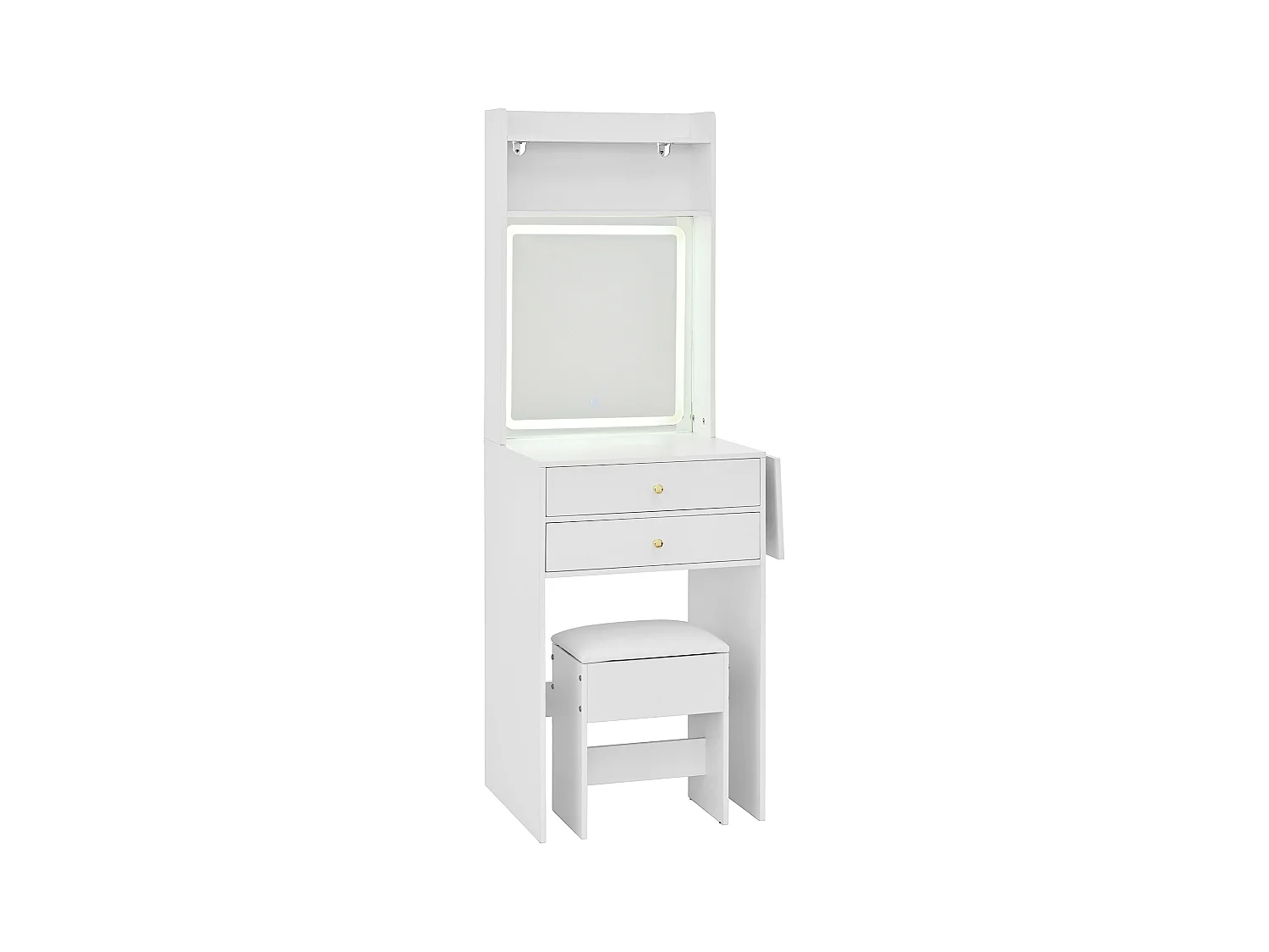 Toaletka z diodami LED - 75 x 45 x 156 cm - z 1 stołkiem + 2 szufladami + 1 lustrem - blat składany - MDF - biała