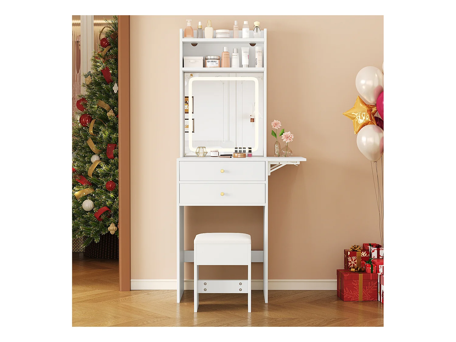 Toaletka z diodami LED - 75 x 45 x 156 cm - z 1 stołkiem + 2 szufladami + 1 lustrem - blat składany - MDF - biała