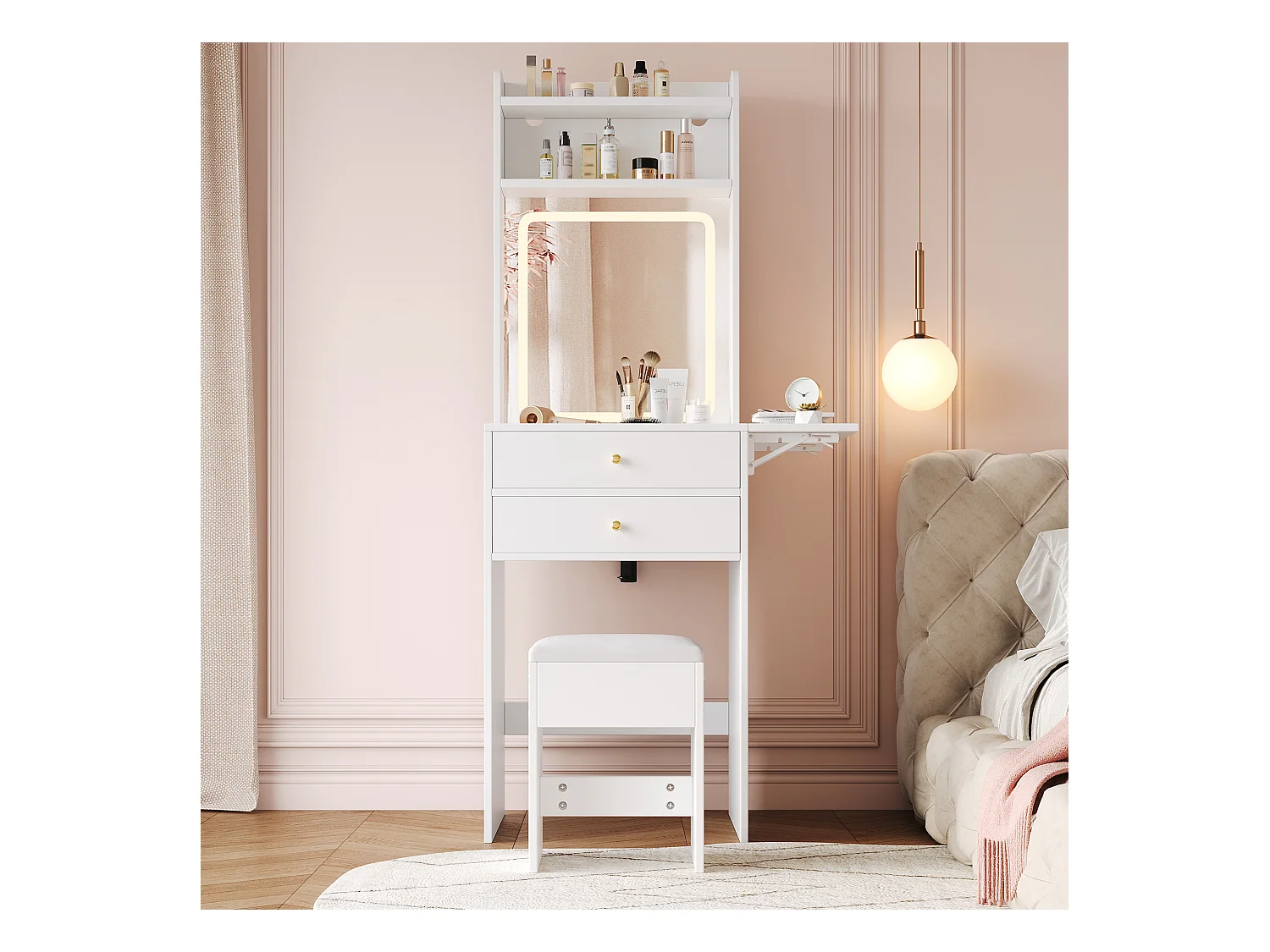 Schminktisch mit LEDs - 75 x 45 x 156 cm - mit 1 Hocker + 2 Schubladen + 1 Spiegel - Klappplatte - MDF - weiß