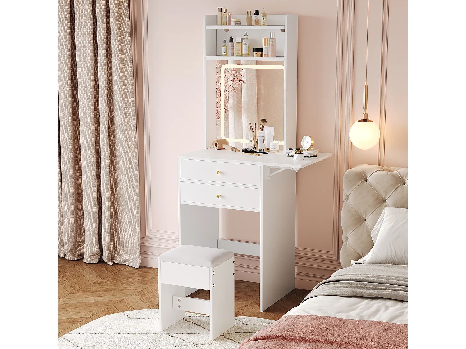 Tocador con LED - 75 x 45 x 156 cm - con 1 taburete + 2 cajones + 1 espejo - tablero abatible - MDF - blanco