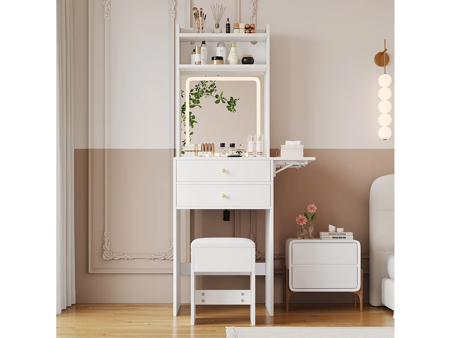 Tocador con LED - 75 x 45 x 156 cm - con 1 taburete + 2 cajones + 1 espejo - tablero abatible - MDF - blanco