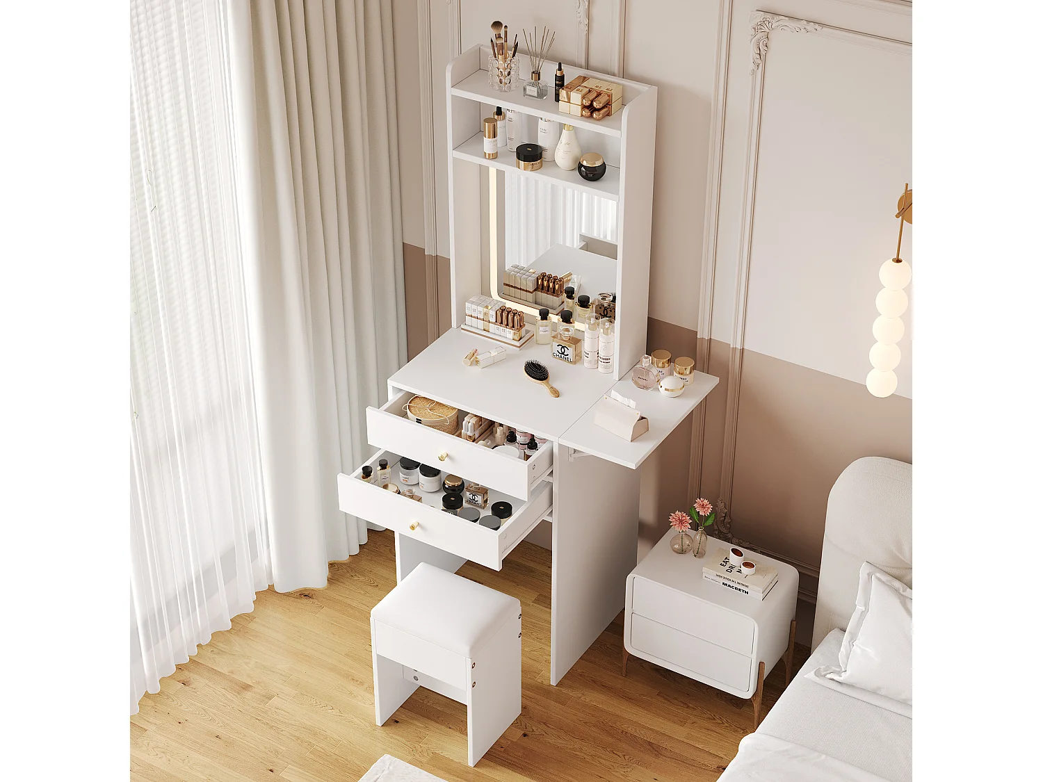 Tocador con LED - 75 x 45 x 156 cm - con 1 taburete + 2 cajones + 1 espejo - tablero abatible - MDF - blanco