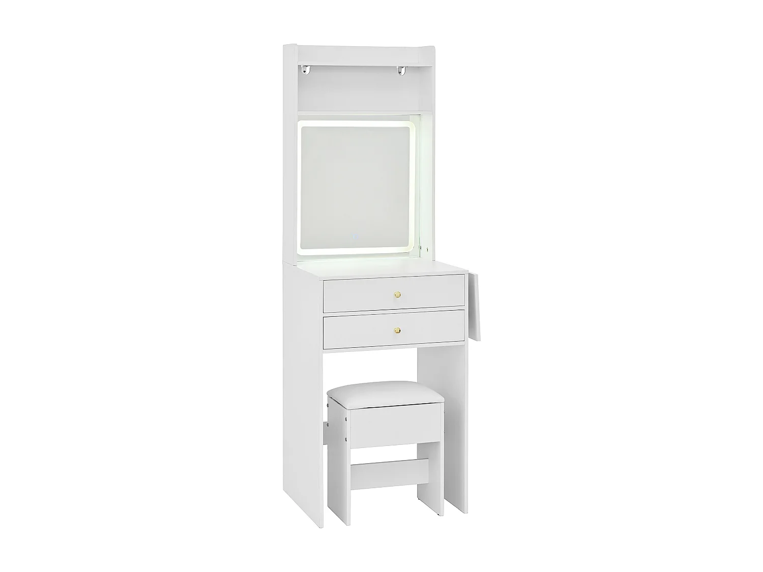 Tocador con LED - 75 x 45 x 156 cm - con 1 taburete + 2 cajones + 1 espejo - tablero abatible - MDF - blanco