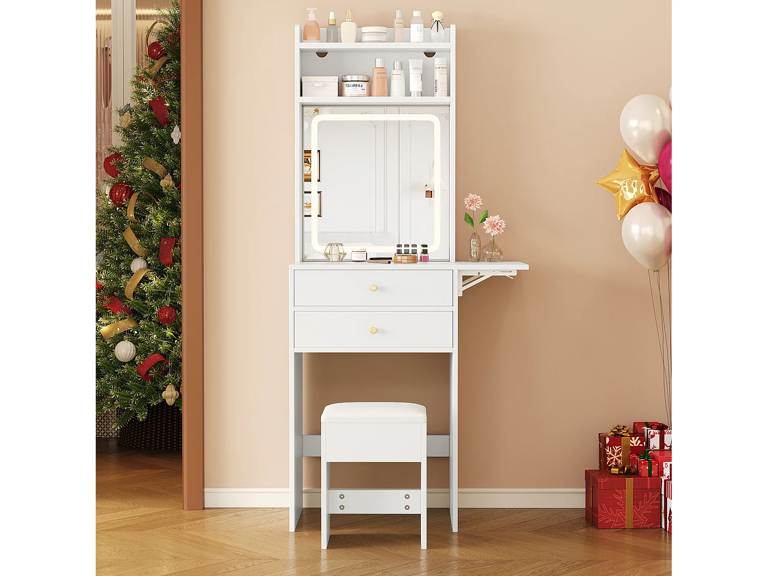 Tocador con LED - 75 x 45 x 156 cm - con 1 taburete + 2 cajones + 1 espejo - tablero abatible - MDF - blanco