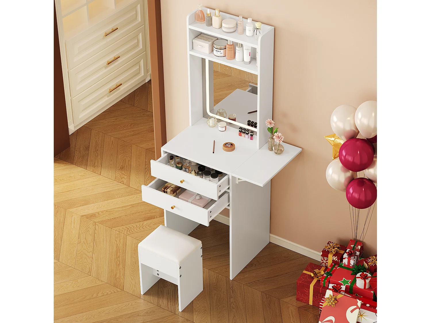 Tocador con LED - 75 x 45 x 156 cm - con 1 taburete + 2 cajones + 1 espejo - tablero abatible - MDF - blanco